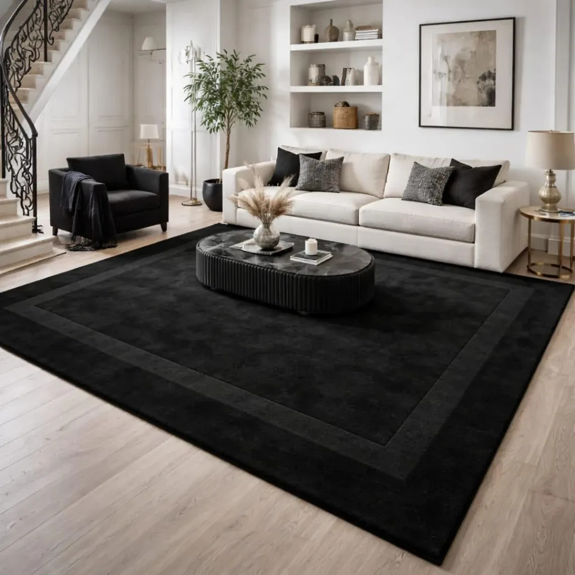 Hand Tufted Black Wool Rug | Modern Minimalist Border Design Area Rug Carpet