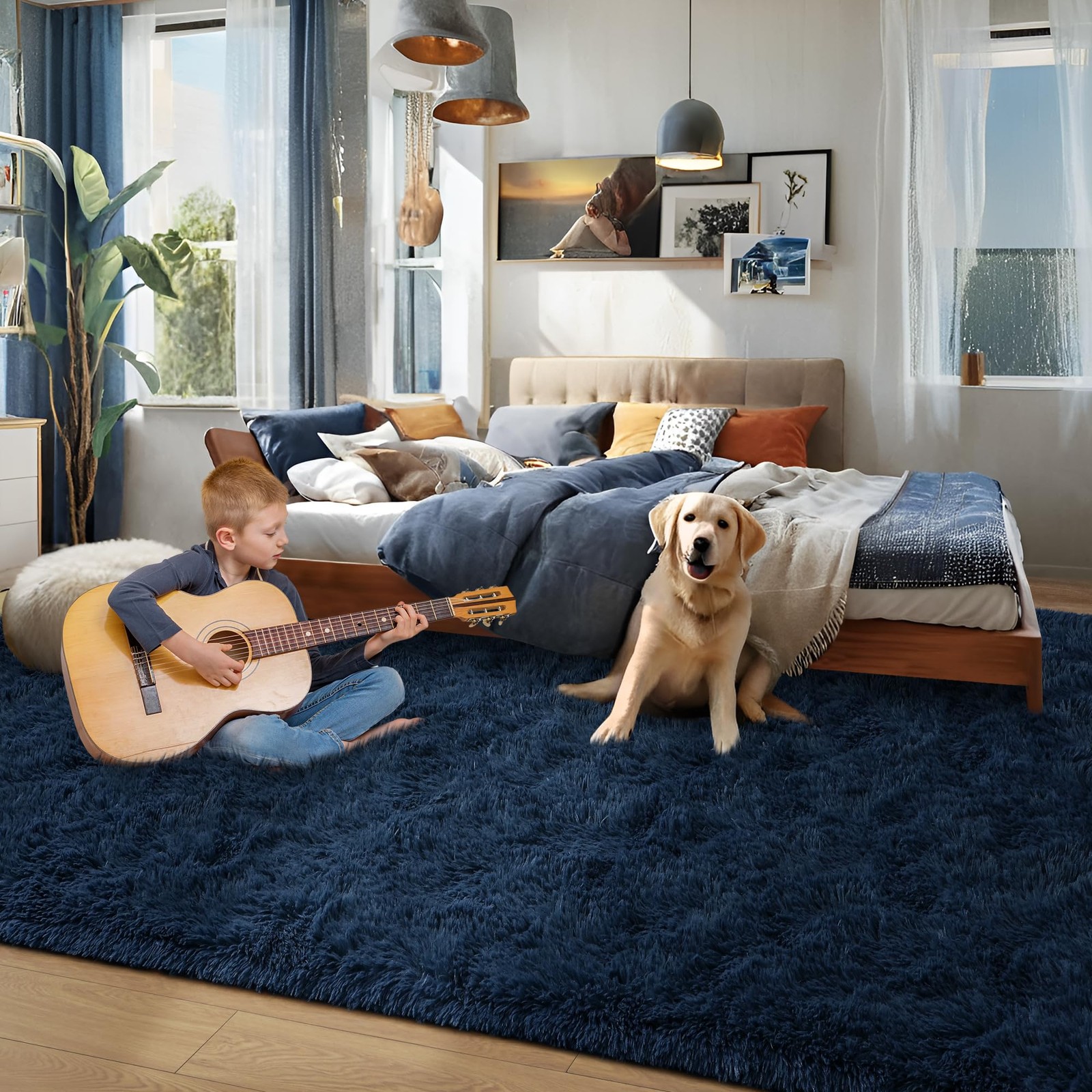 Foxmas Navy Blue 3×5 Shaggy Fluffy Area Rug for Bedroom Kids Room Nursery