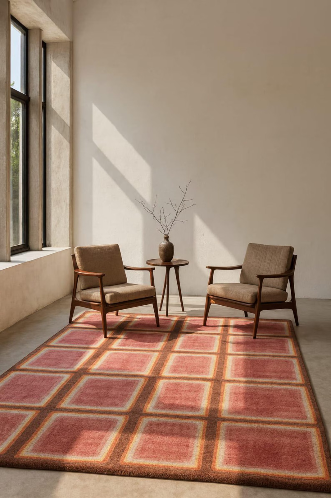 Retro Checkered Wool Rug | Hand-Tufted Square Pattern Area Rug | Mid-Century