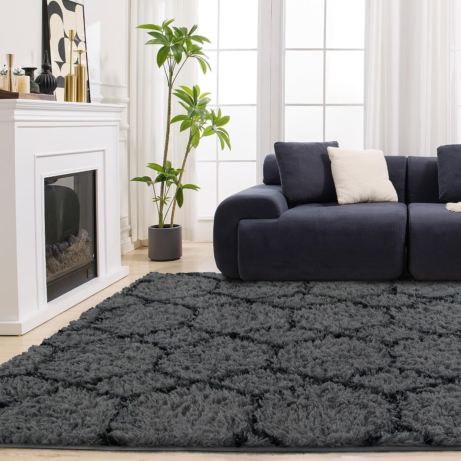 Fluffy Rug for Bedroom Living Room, 4×6 Grey and Black Soft Area Rug, Machine Wa