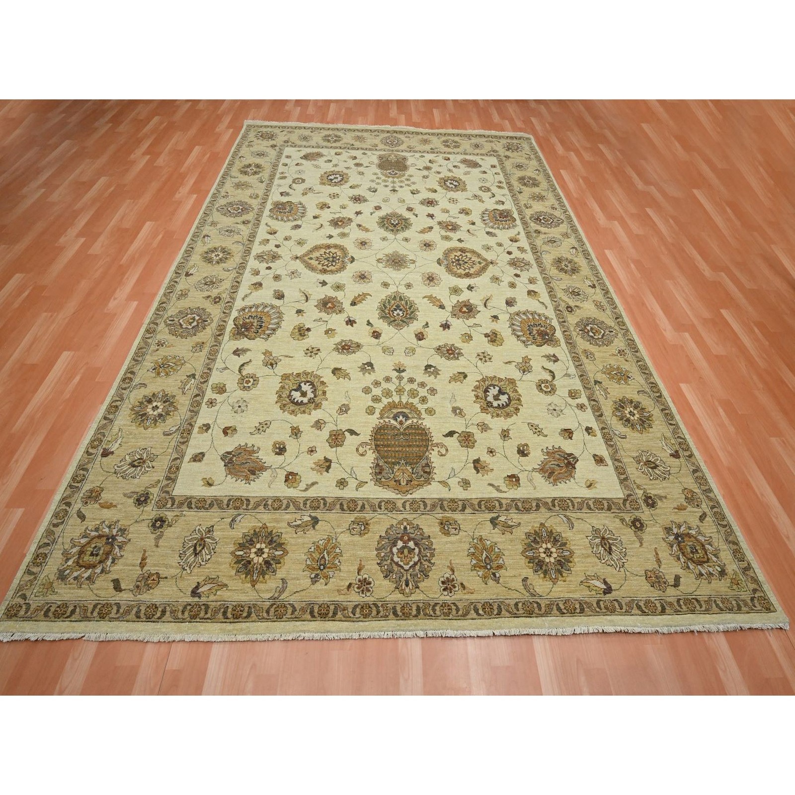 8’3″x11’6″ Ivory Hand Knotted Agra Ziegler Design Leaf Pattern Wool Rug R76378