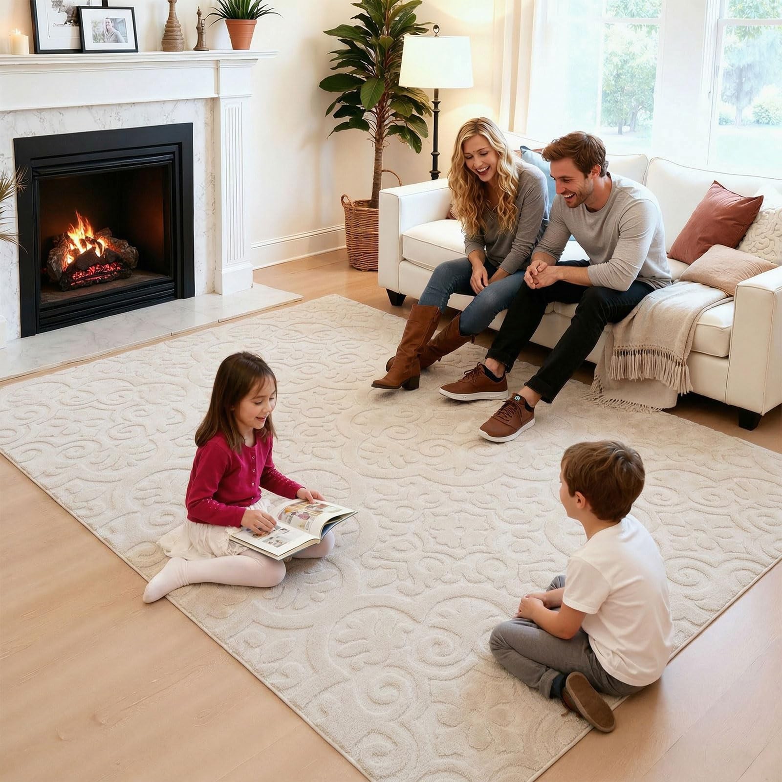 Washable Area Rug 8x10ft High-Low Pile 0.5/1cm Neutral Beige – Non Slip Soft