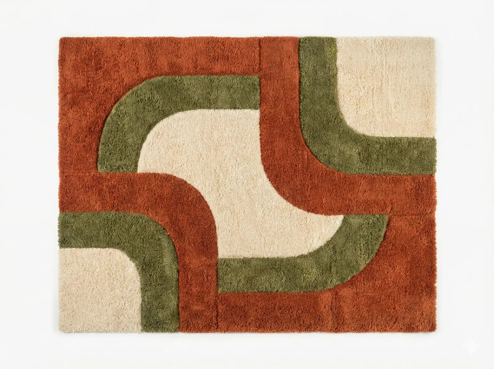 Burnt Orange Olive Green & Cream Retro Abstract Curved Hand Tufted Area Rugs