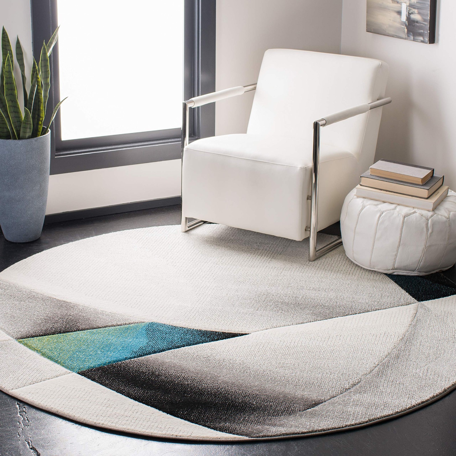 Safavieh Hollywood Collection Area Rug – 53 Round Grey Teal Mid-Century Modern