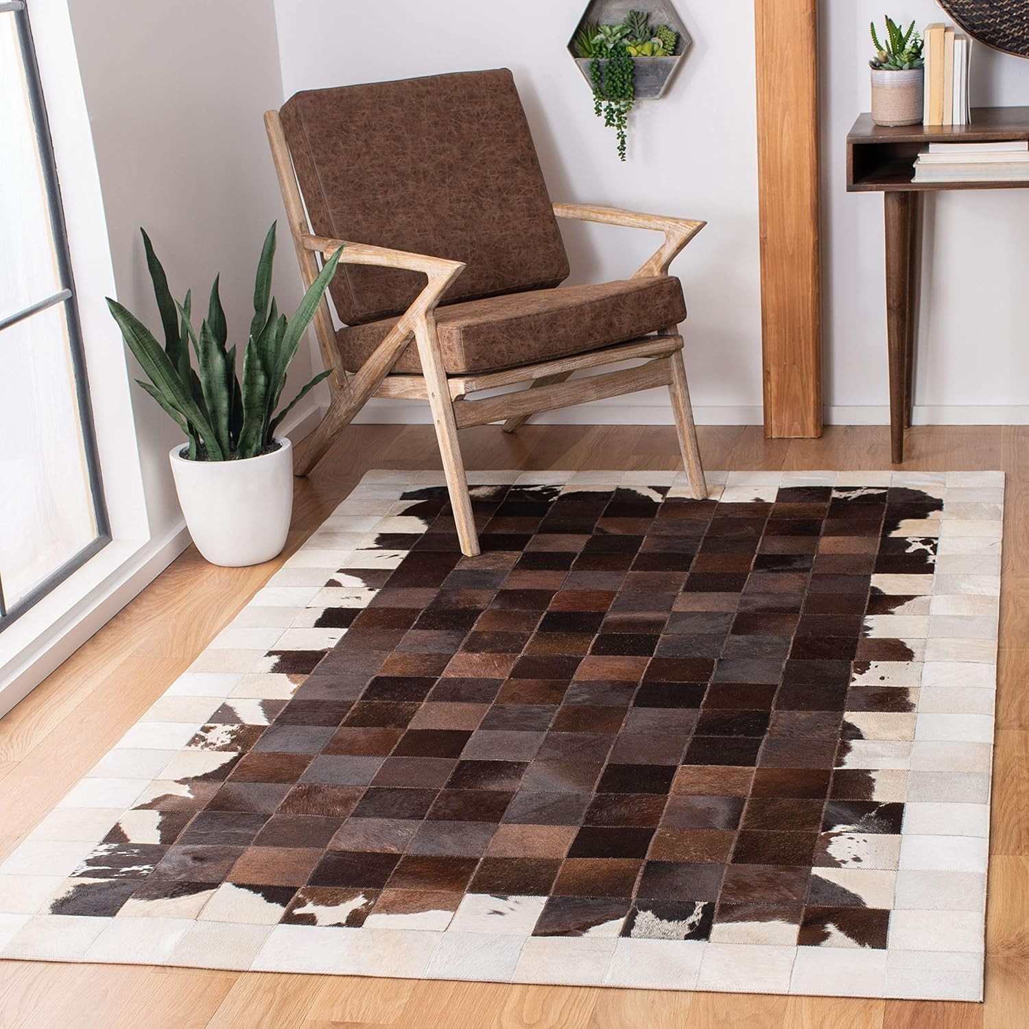 Hand Woven Natural Cowhide Hair on Patch Work Leather Modern Carpet Room B-08