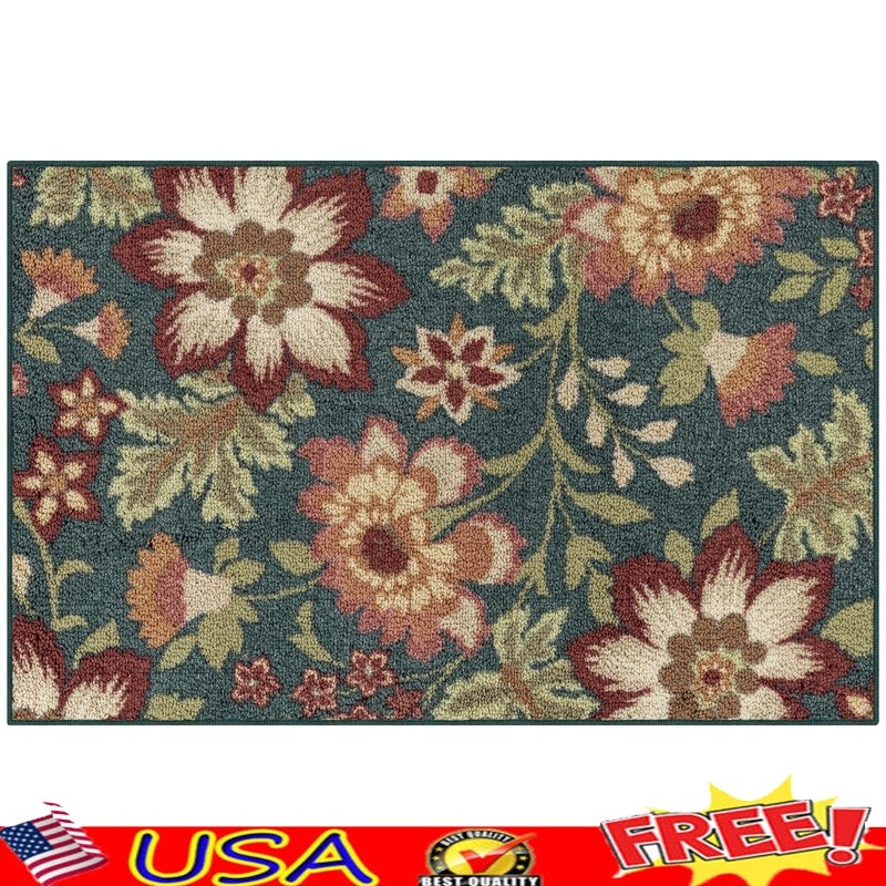 Floral Teal Accent Rug Indoor Stain Fade Resistant Machine Washable Oversized US