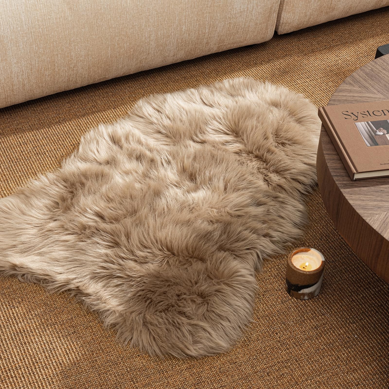 Ashler Faux Fur Rug, Beige Area Rugs, Fluffy Sheepskin Fur Rug, Fuzzy Ultra Soft