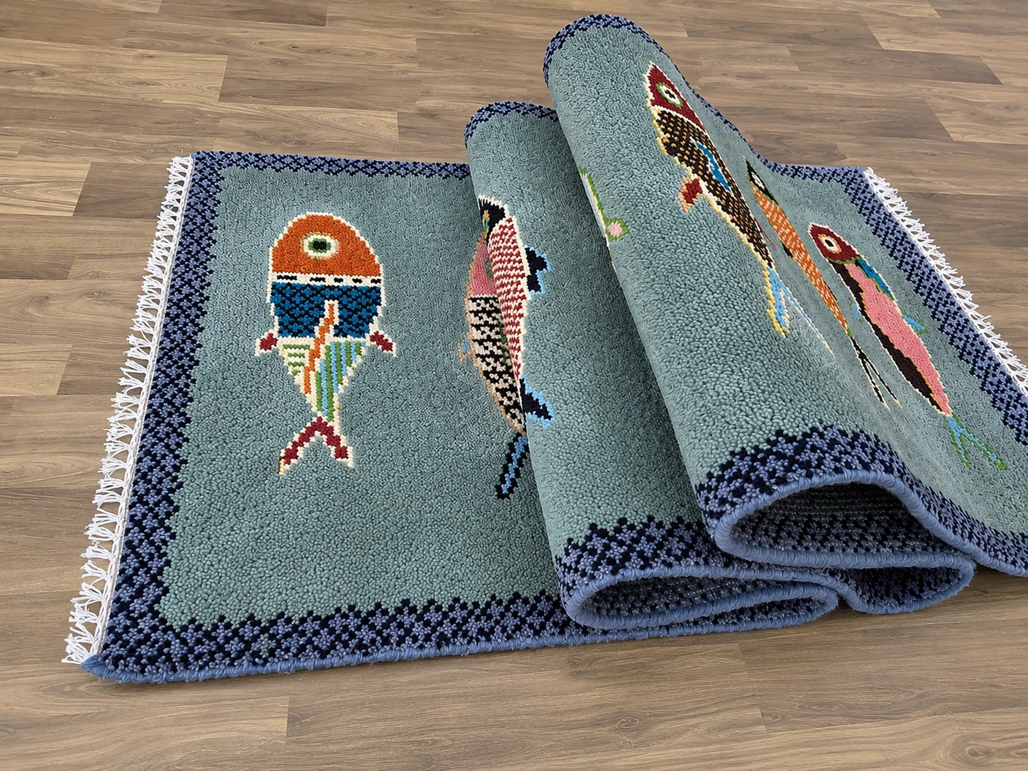 Hand Knotted Oushak Runner Rug Wool Hallway Carpet Green fish runner