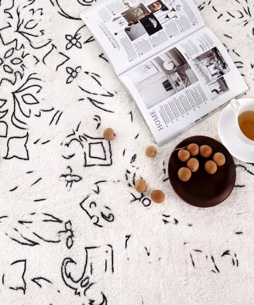 Black Beige Brown Floral Print Irregular Shaped Rug Modern Minimalist Cozy Rugs