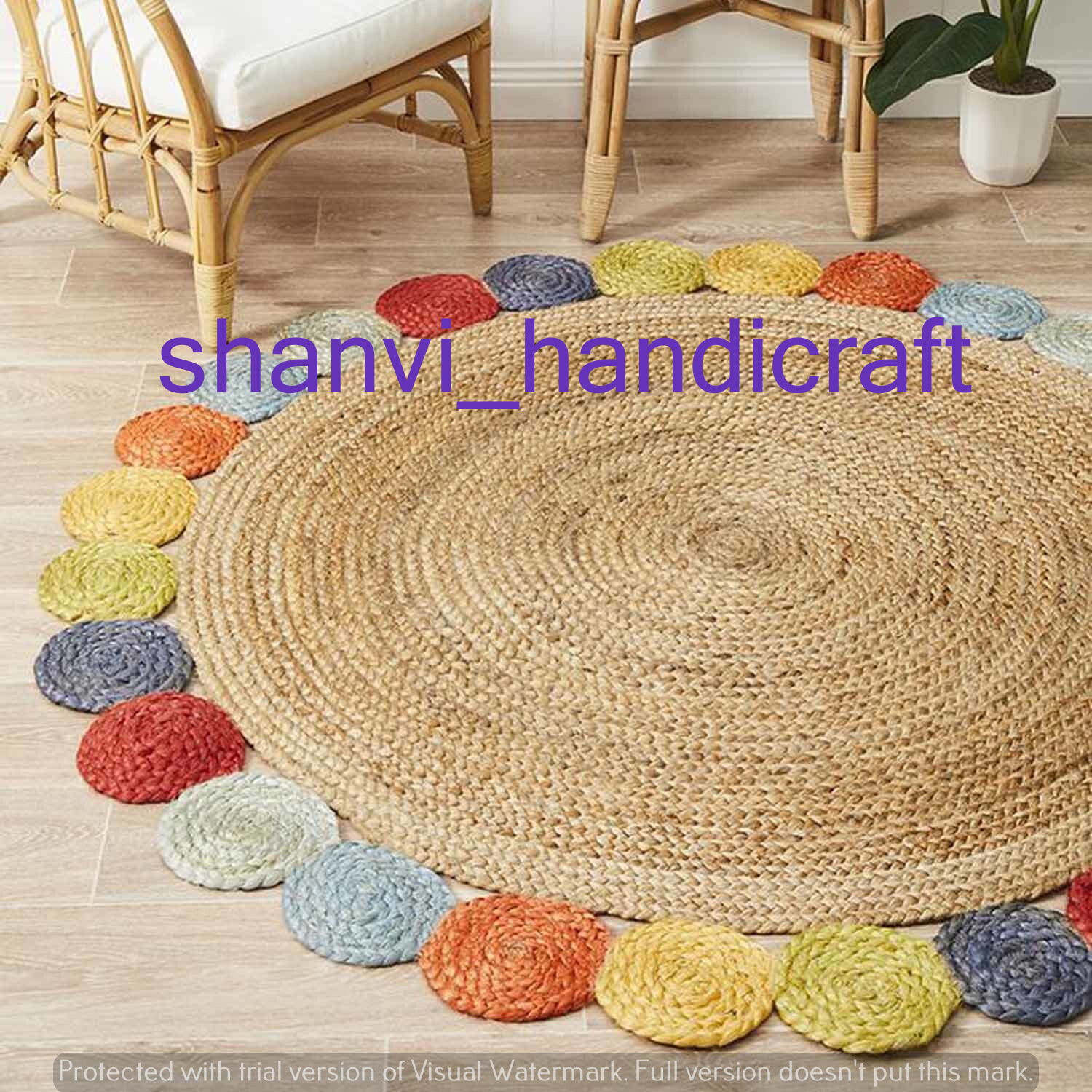 Round Braided Natural & Multi Colour Jute Mat Rugs Floor Shabby Chic Indian Mat