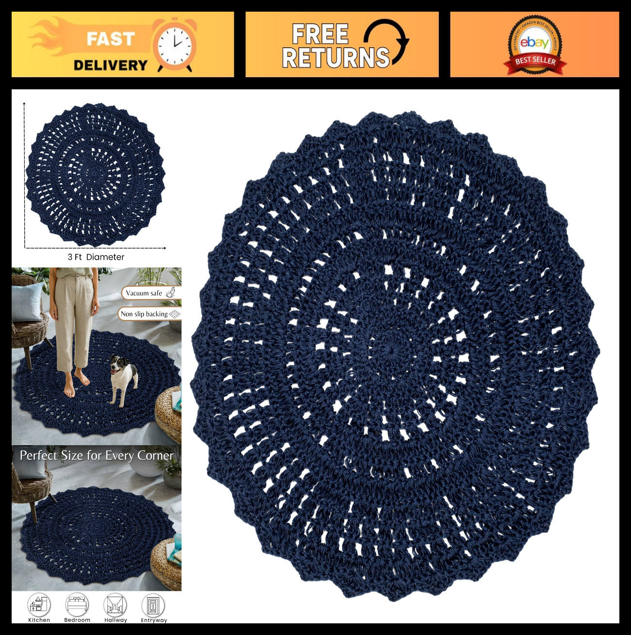 Hand Knitted Round Rug 3ft Navy Blue, Non-Slip Soft Decorative Mat for Entryway,