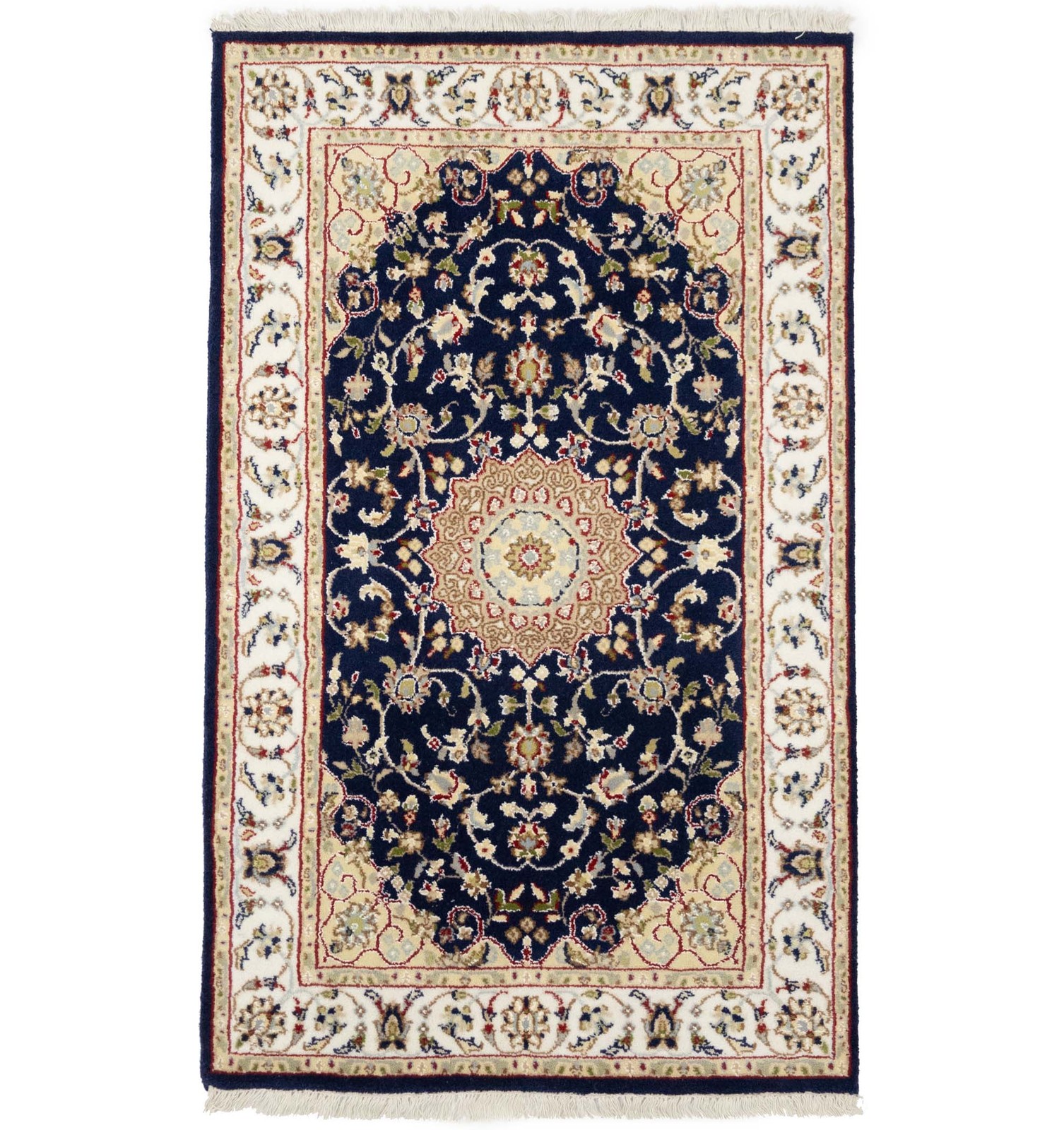 2’7X4’2 ft Handmade Dark Navy Indo-Nain Oriental Rug Floral Design Wool Carpet