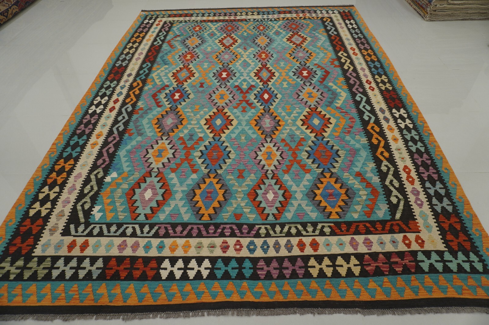9×12 Afghan Turquoise Blue Hand woven Geometric Wool Kilim Area Rug 8’5×11’6