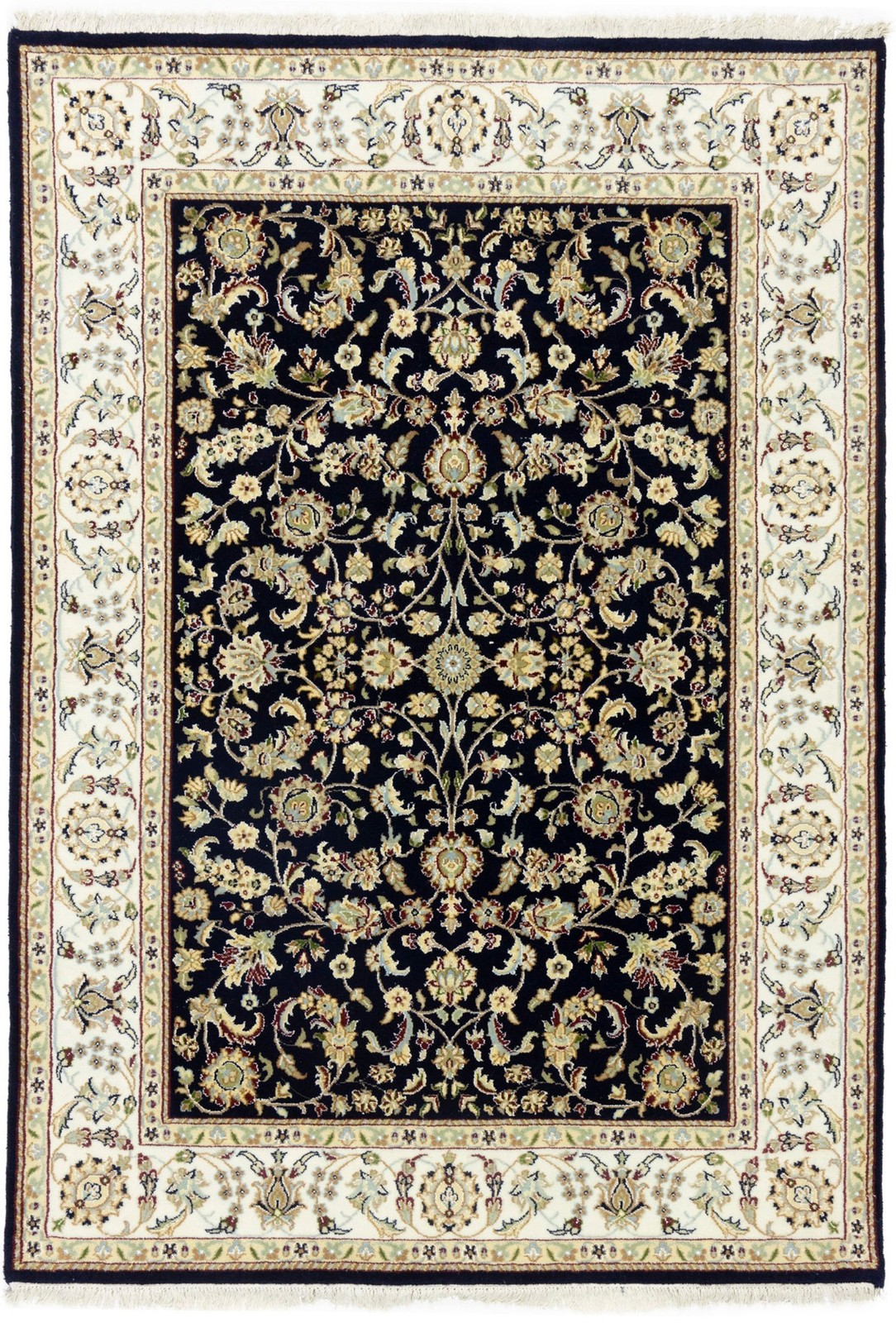 Handmade Dark Navy Floral Indo-Nain Rug Wool Oriental Foyer Carpet 5’5X8 ft