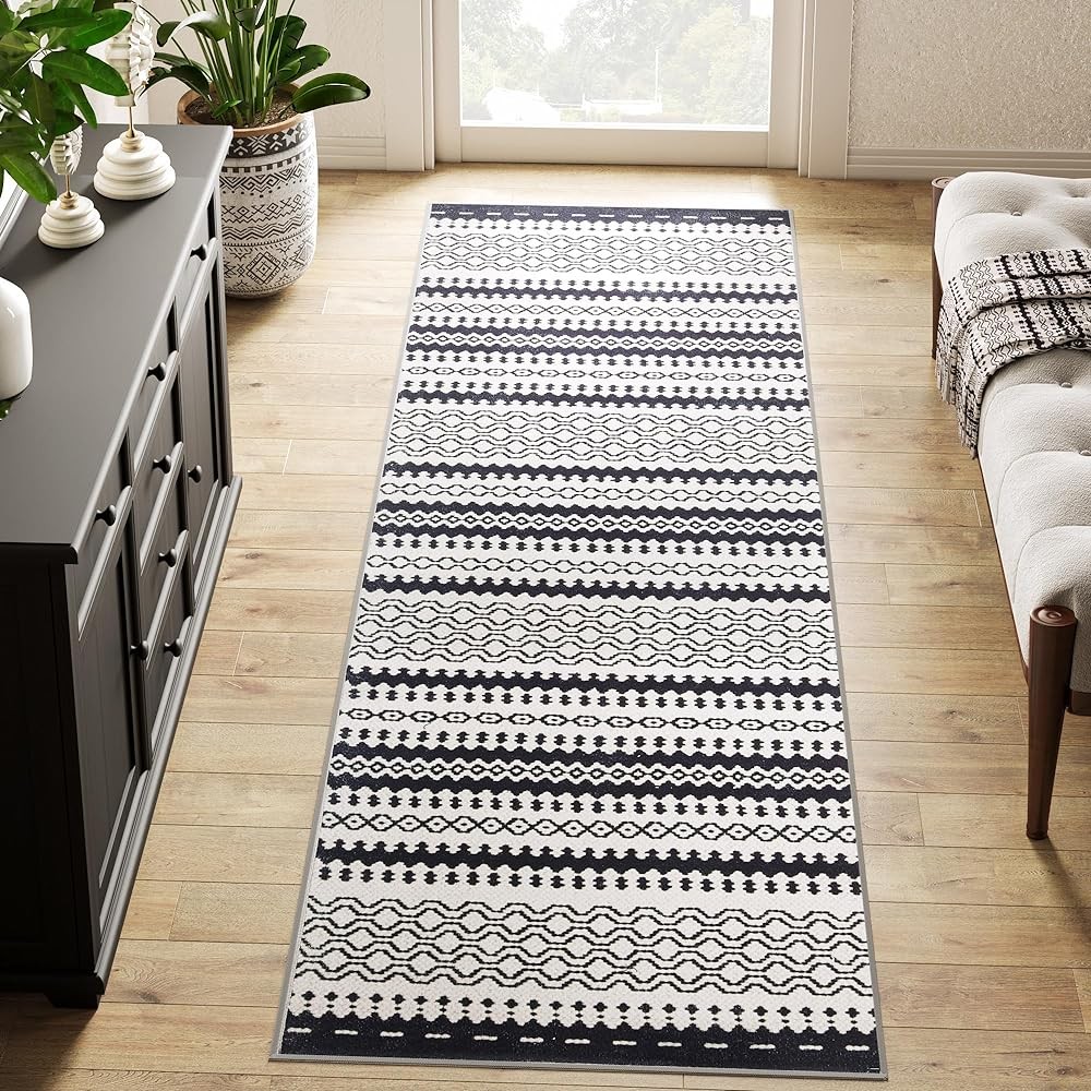 2×5 Moroccan Runner Rug Washable Non-Slip Geometric Hallway Black Entryway
