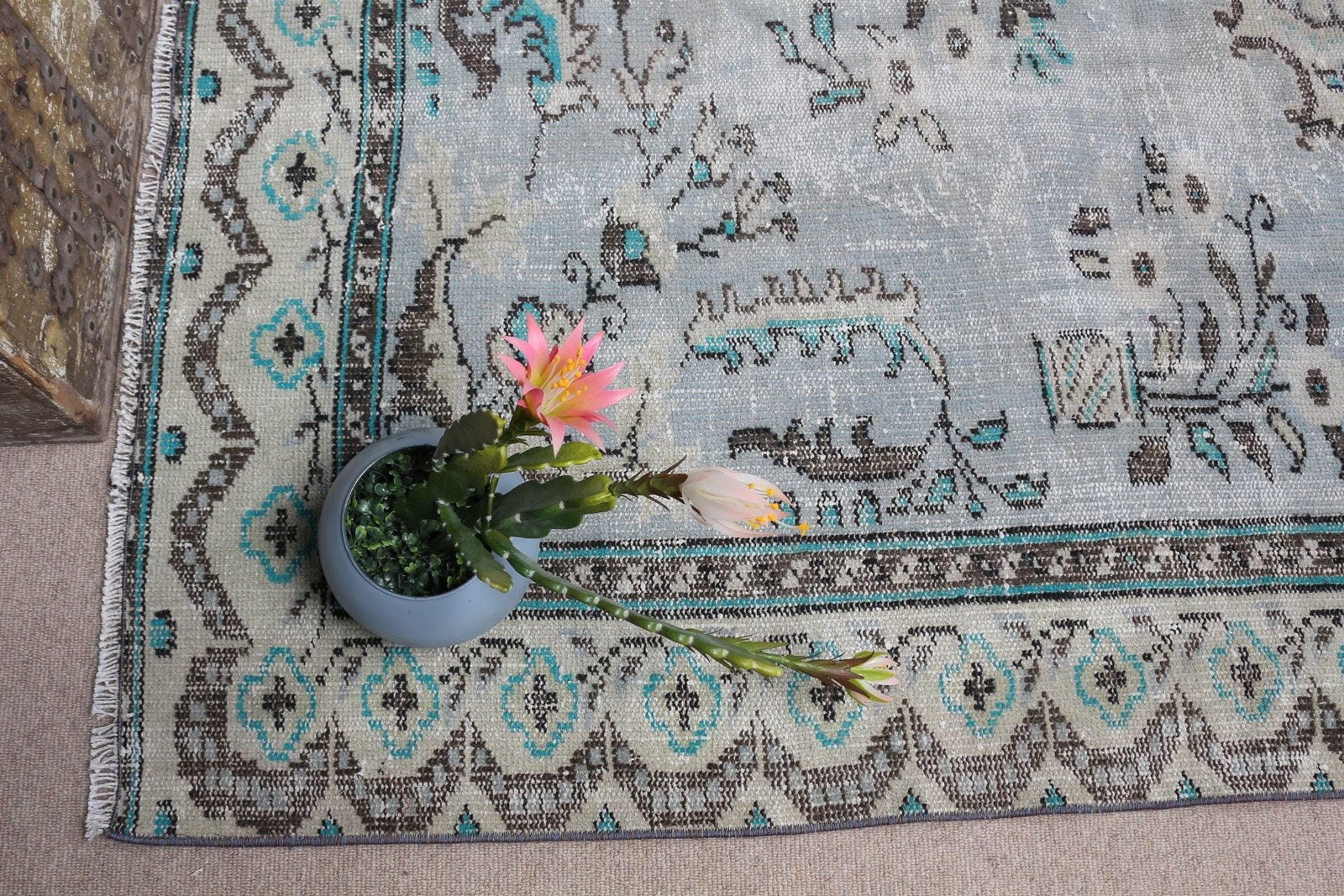 Vintage 5,9×9,6 ft Rug, Large Turkish Rug, Blue Gray Ombré Wool Rug