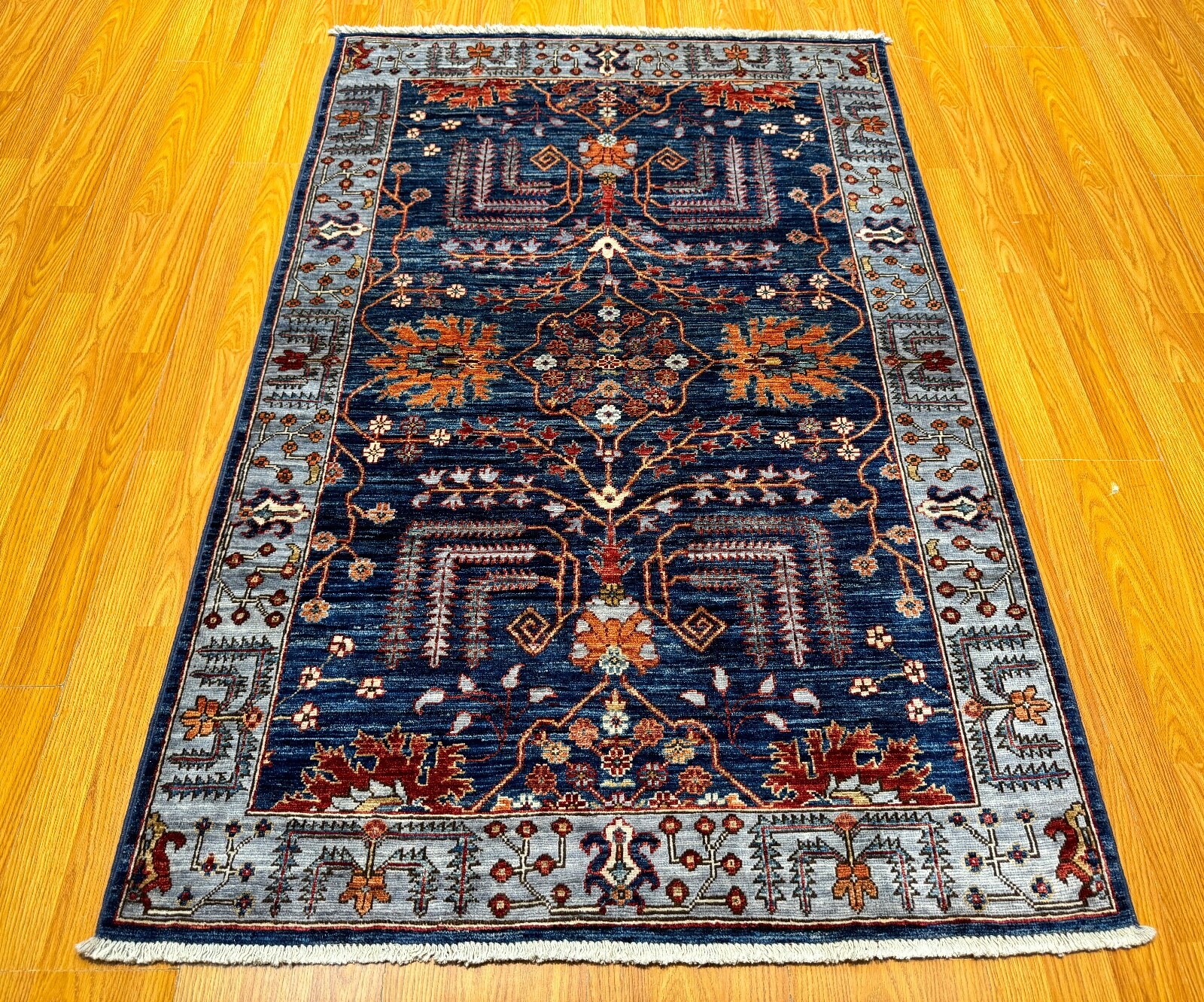 3 X 5 Ft Navy Blue Gray Afghan Hand Knotted Wool Rug
