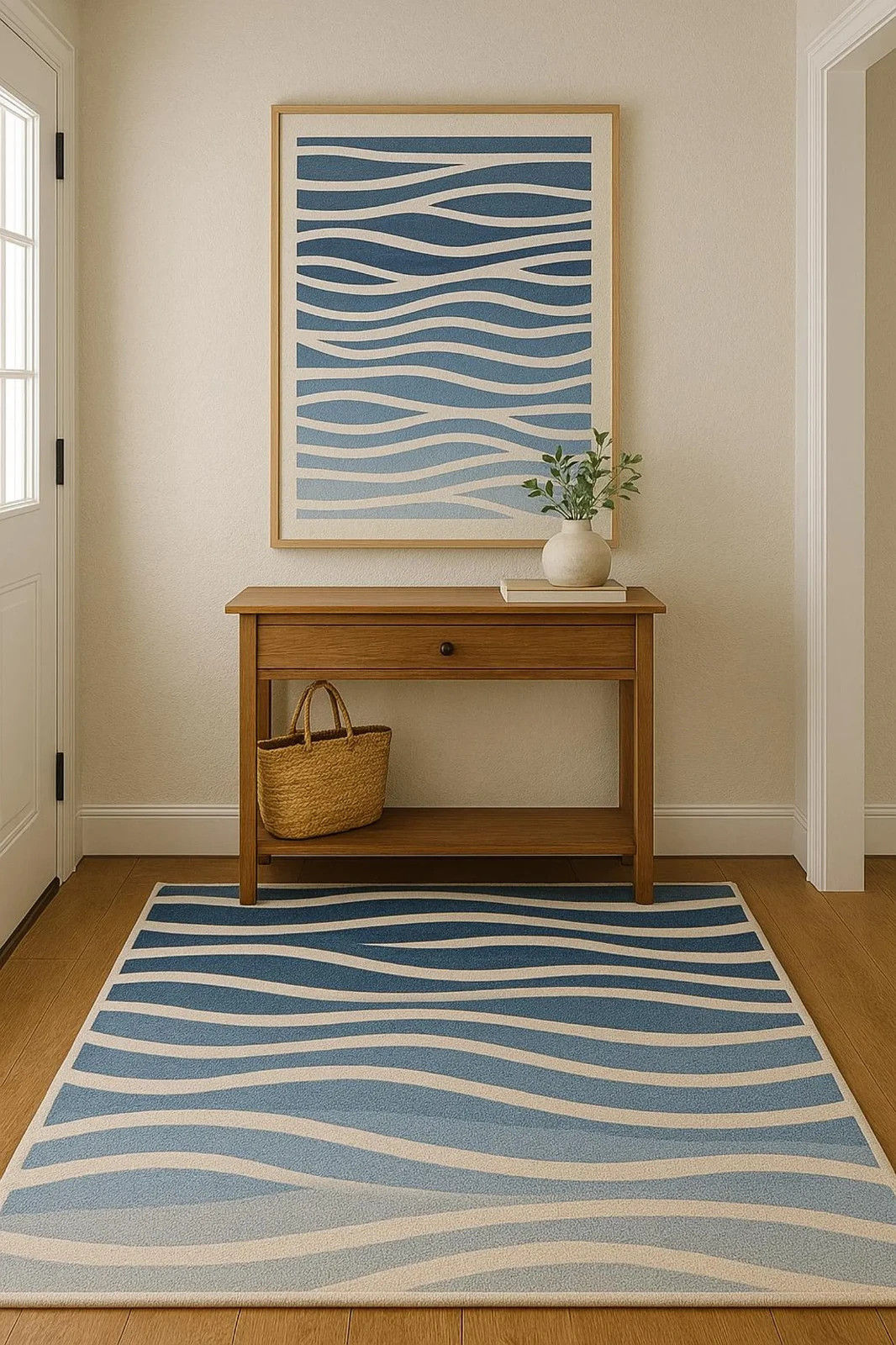Hand-Tufted Wave Design Rug – Blue & Ivory Modern Coastal Style Soft Wool Carpet