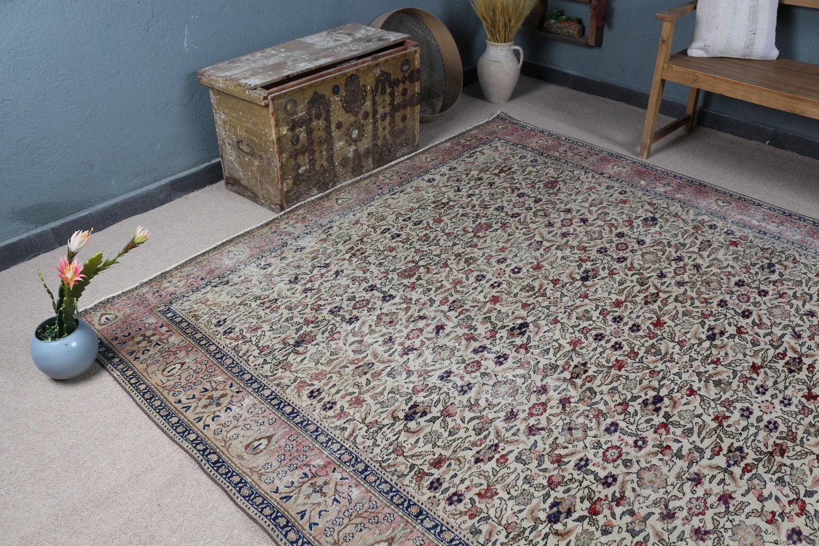 Turkish Vintage Rug, 7,7×10,6 ft Rug, Blue Oversize Floral Rug