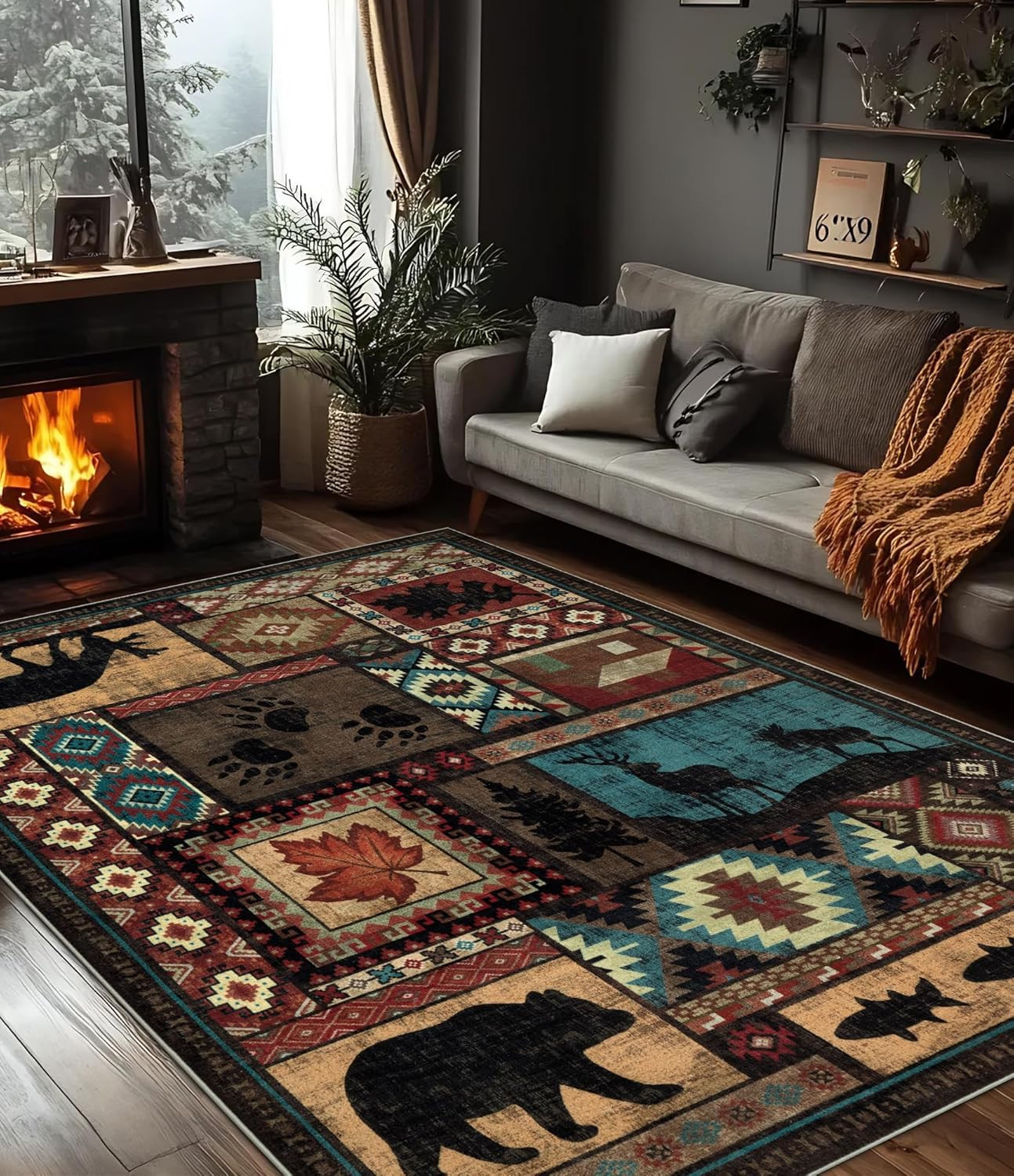 Rustic Cabin Area Rug 5×7 Machine Washable Bear Southwestern Lodge Rug