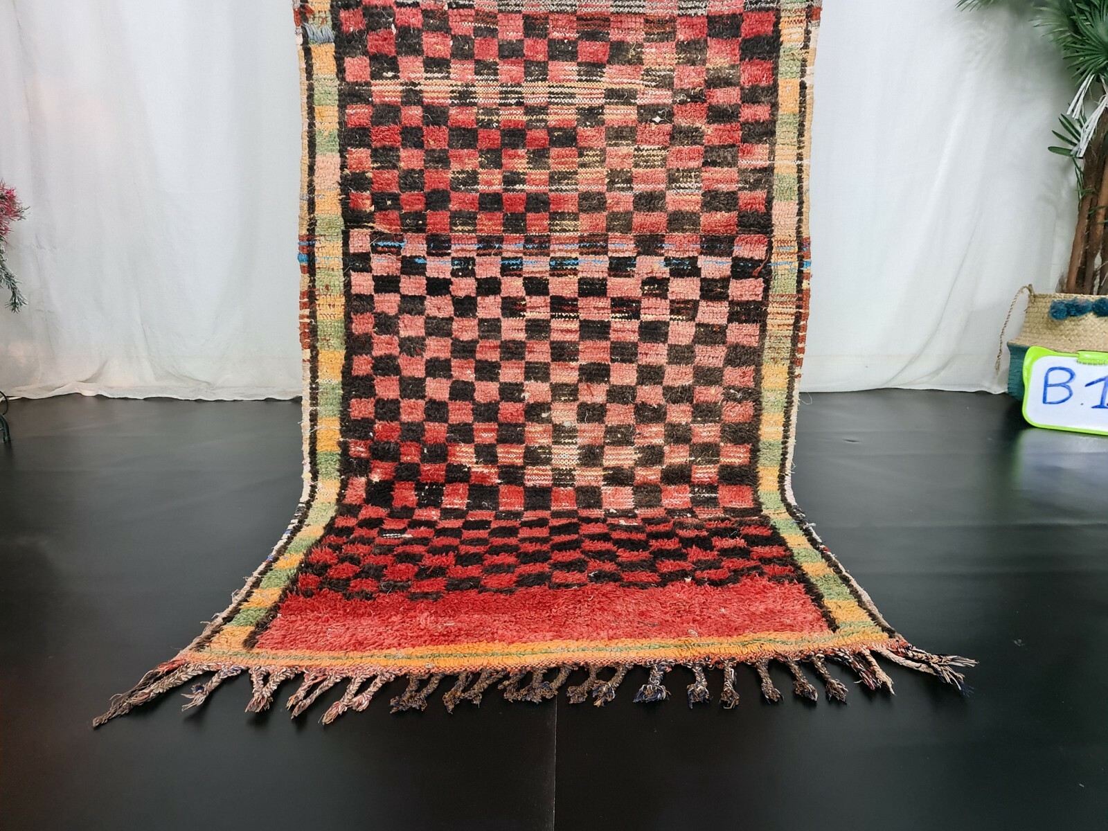 Vintage Moroccan Tribal Handmade Rug 3’1″x6’5″ Berber Red Checkered Wool Carpet