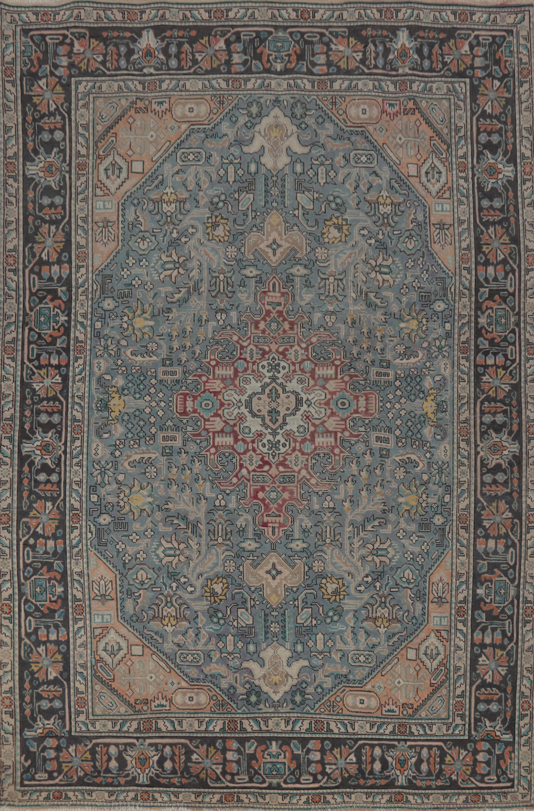 Vintage Overdyed Geometric Blue Traditional Area Rug 7×10 Handmade Wool Carpet