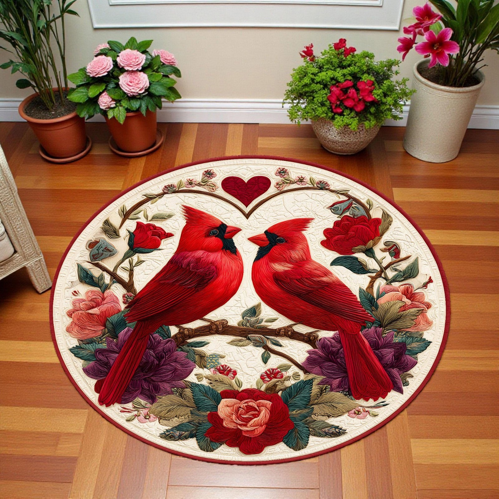 Romantic Red Cardinal Bird Round Rug Valentine’s Day Wedding Anniversary Decor