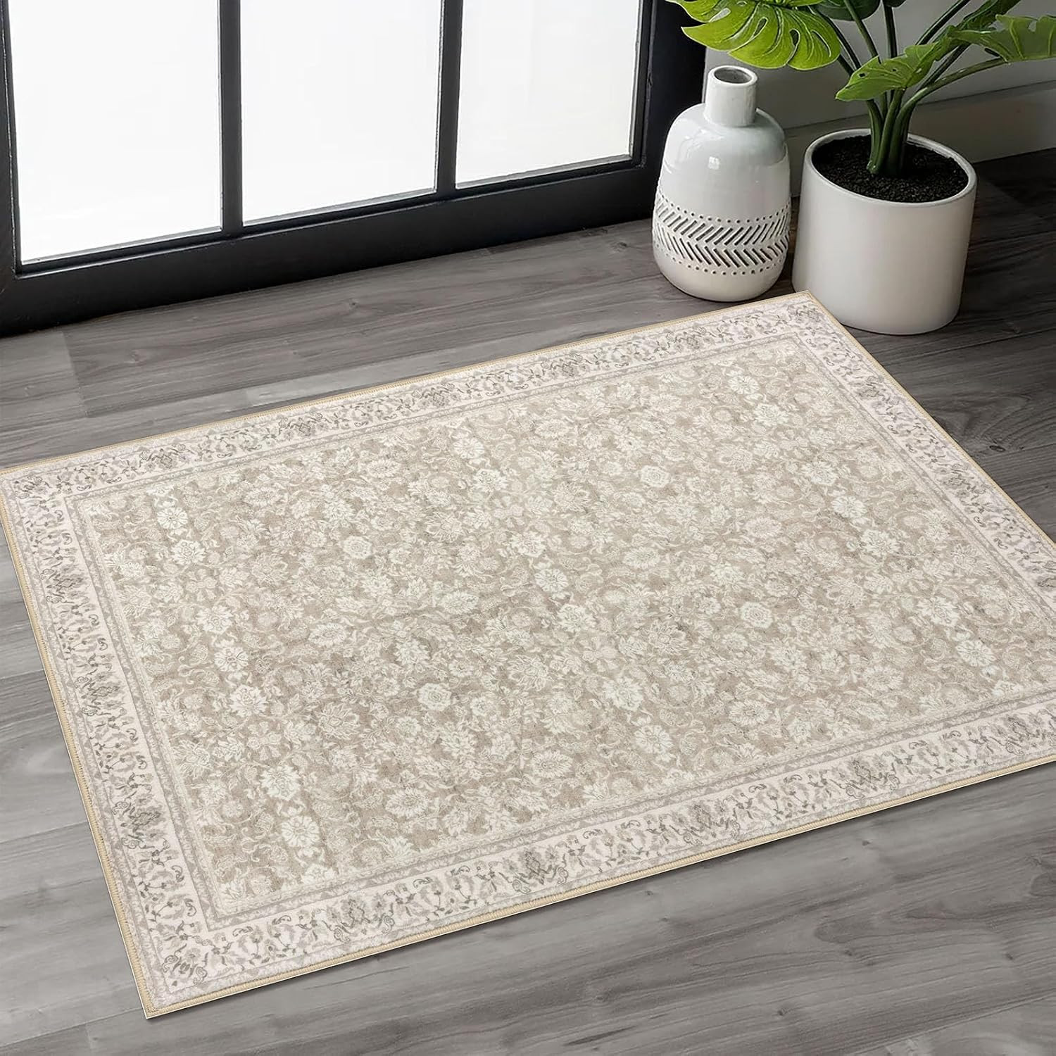 2X3 Washable Rug Soft Area Rug for Entryway, Cream Beige Yellow White Grey Slip-