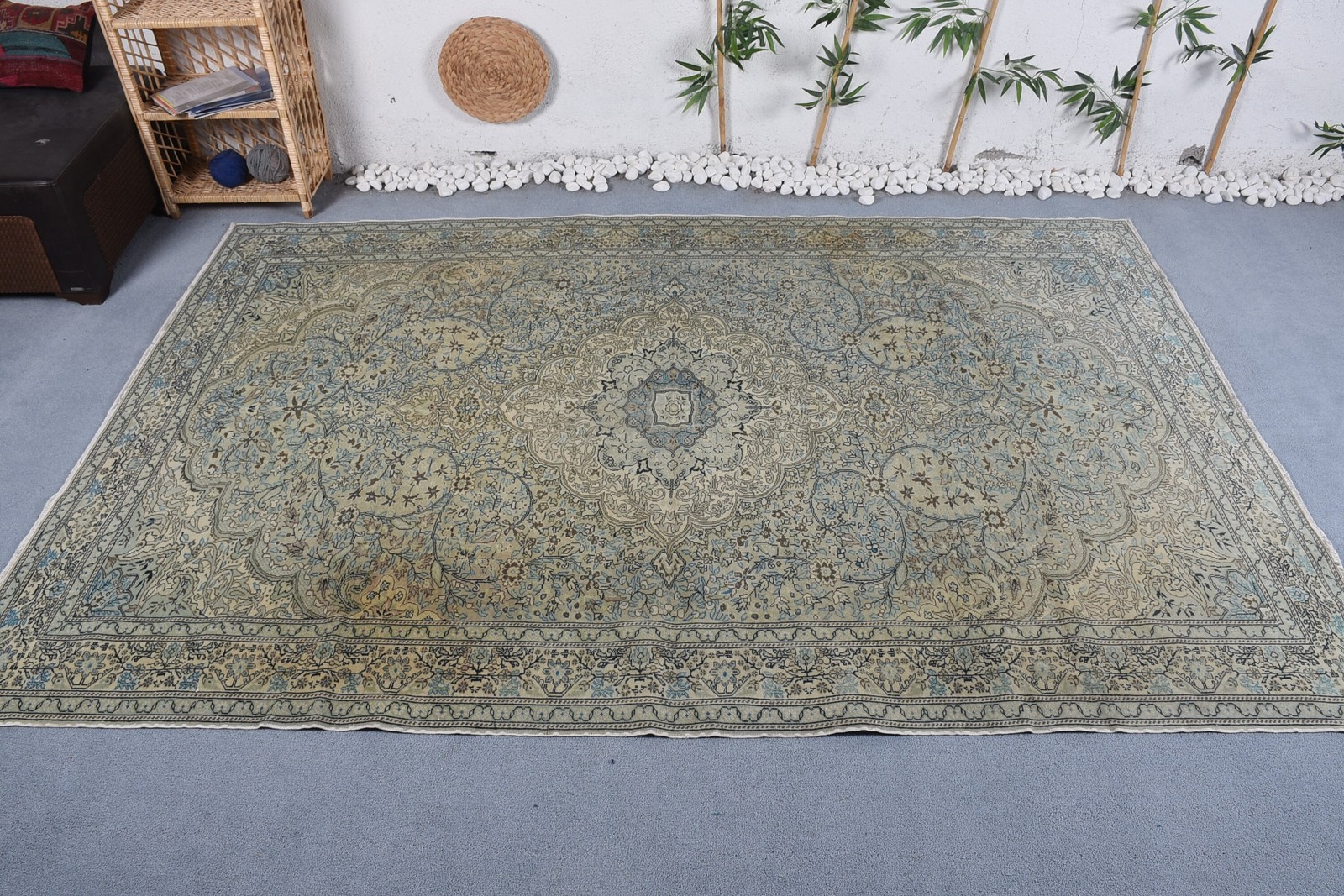6,41×9,7 ft Rug, Vintage Turkish Rug, Blue Floral Wool Rug