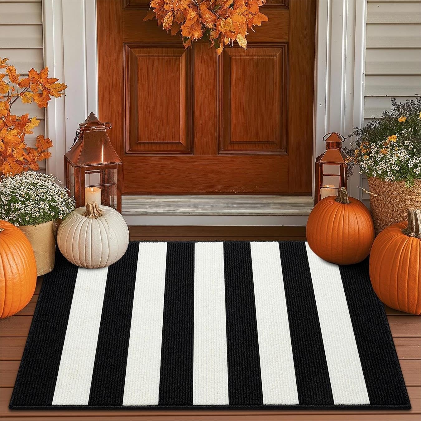 Indoor Door Mat, 24″x36″ Non-Slip Absorbent Black and White Striped Outdoor R…