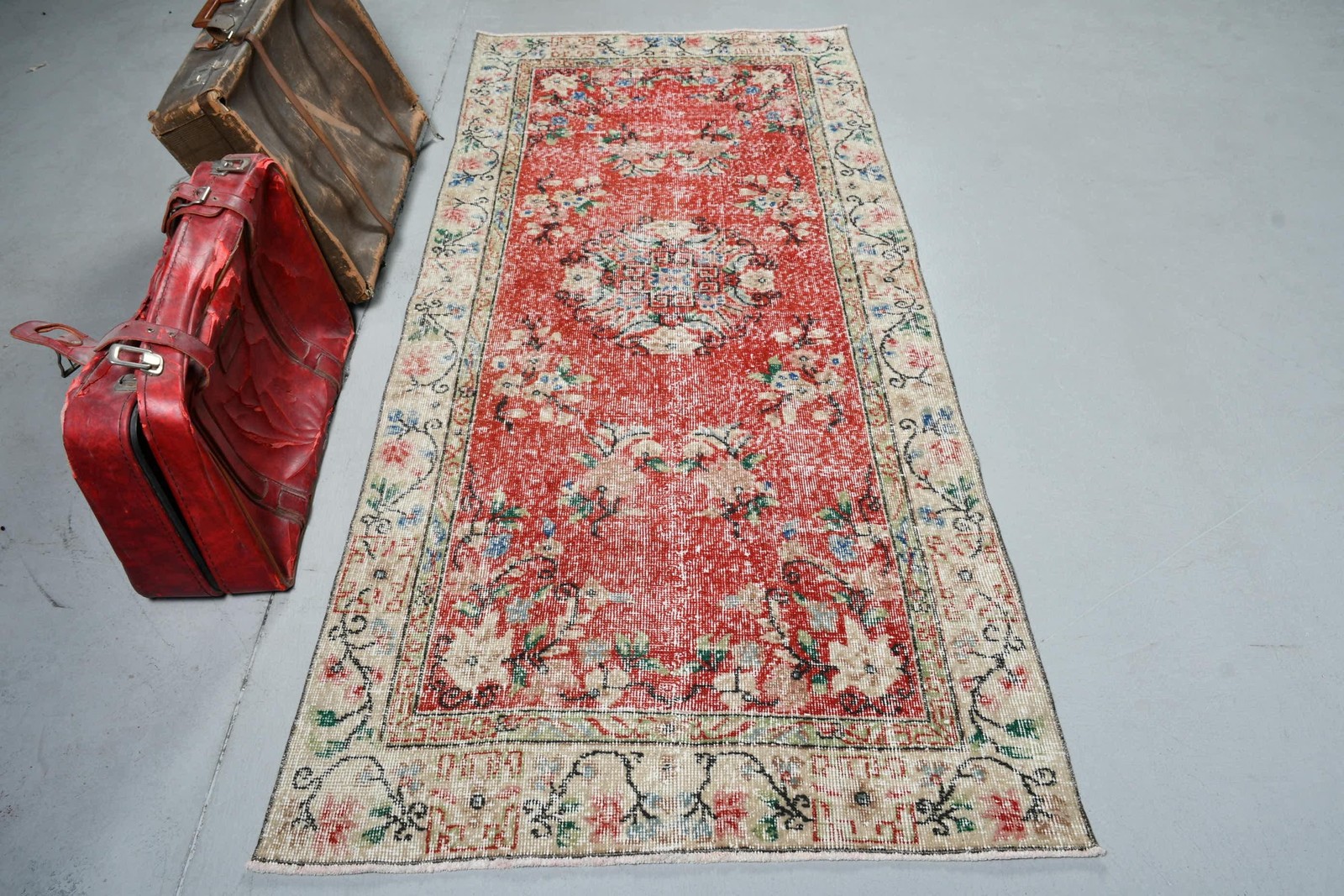 Vintage Turkish Rug, 3,37×7,5 ft Area Rug, Red Green Abstract Wool Rug