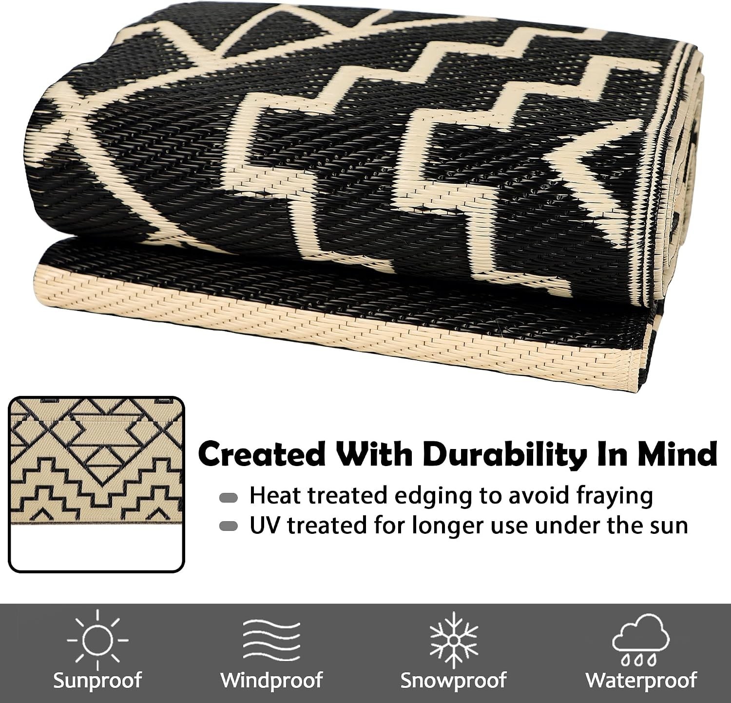 Reversible Plastic Rug 5×8 Outdoor Patio RV Beach Deck Black Beige