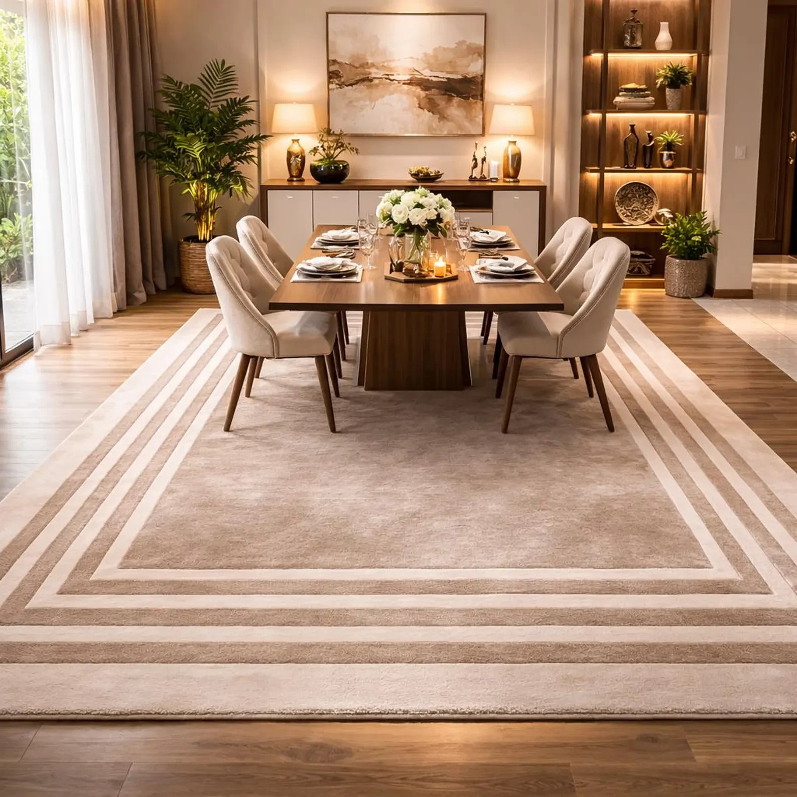 Hand tufted Beige Area Rug Border Neutral Minimalist Rug Luxury Room Carpet.