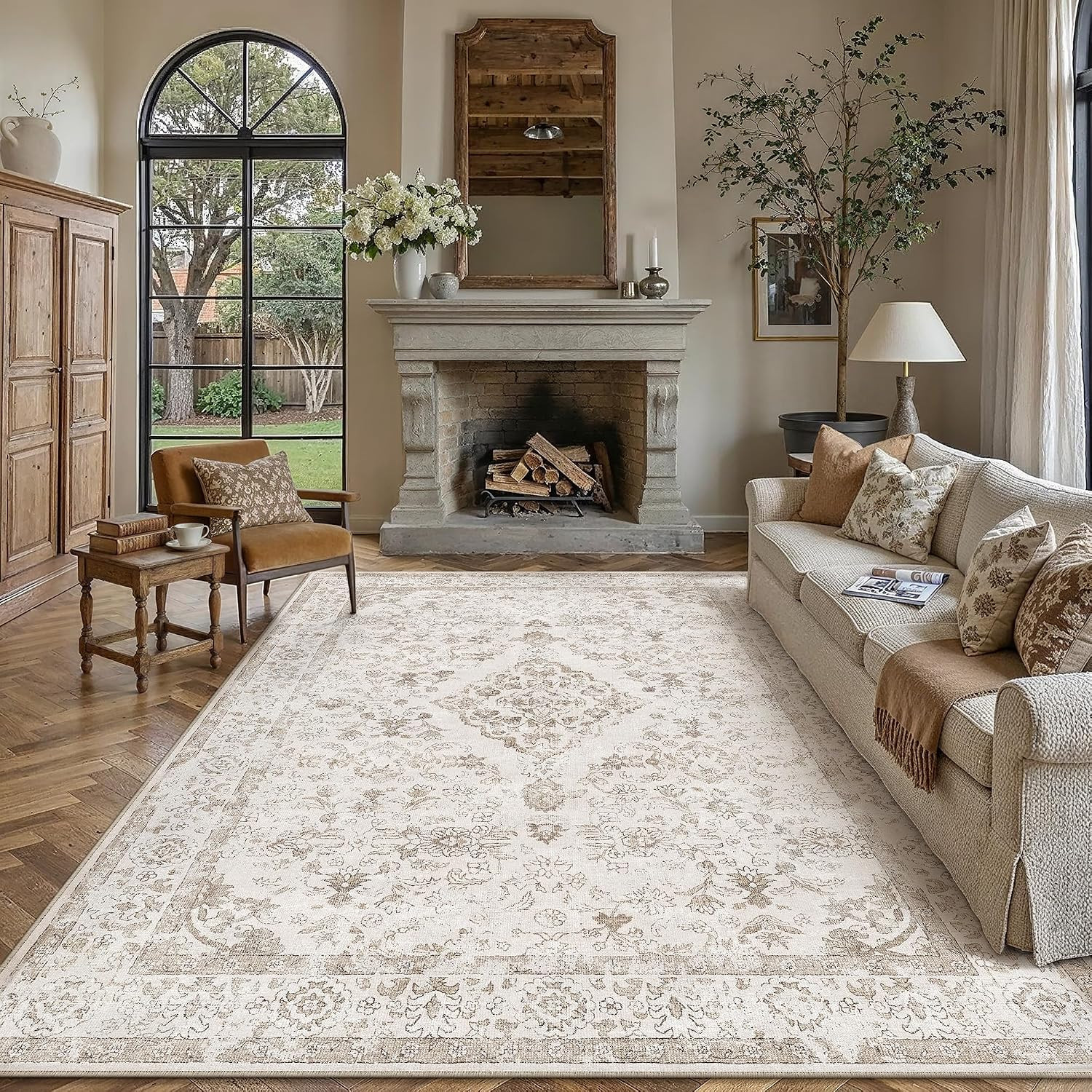 Beige 8X10 Washable Area Rug for Living Room Neutral Vintage Floral Medallion So