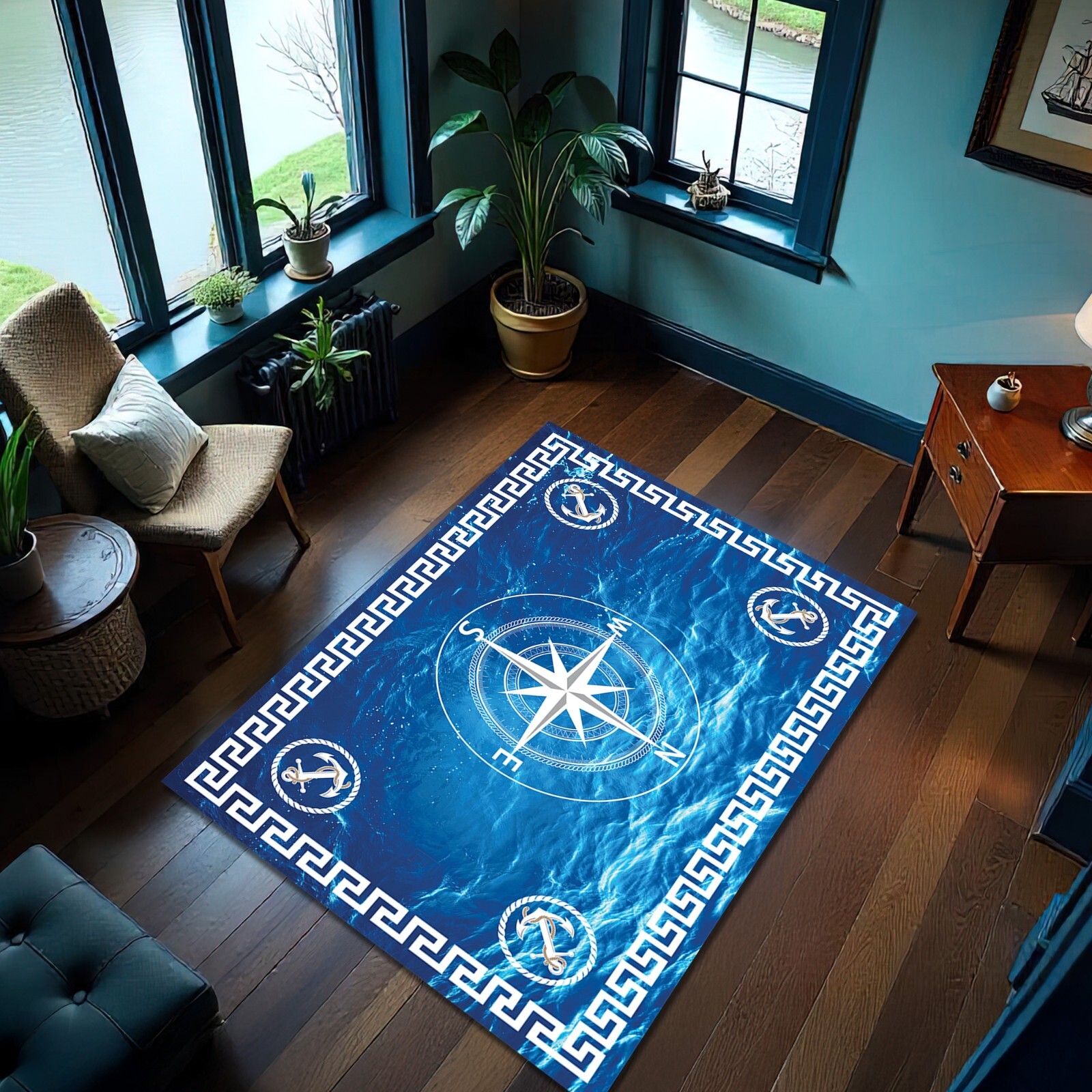 Sailor Anchor Rug Compass Carpet Yacht Mat Sea Marine Ocean Decor