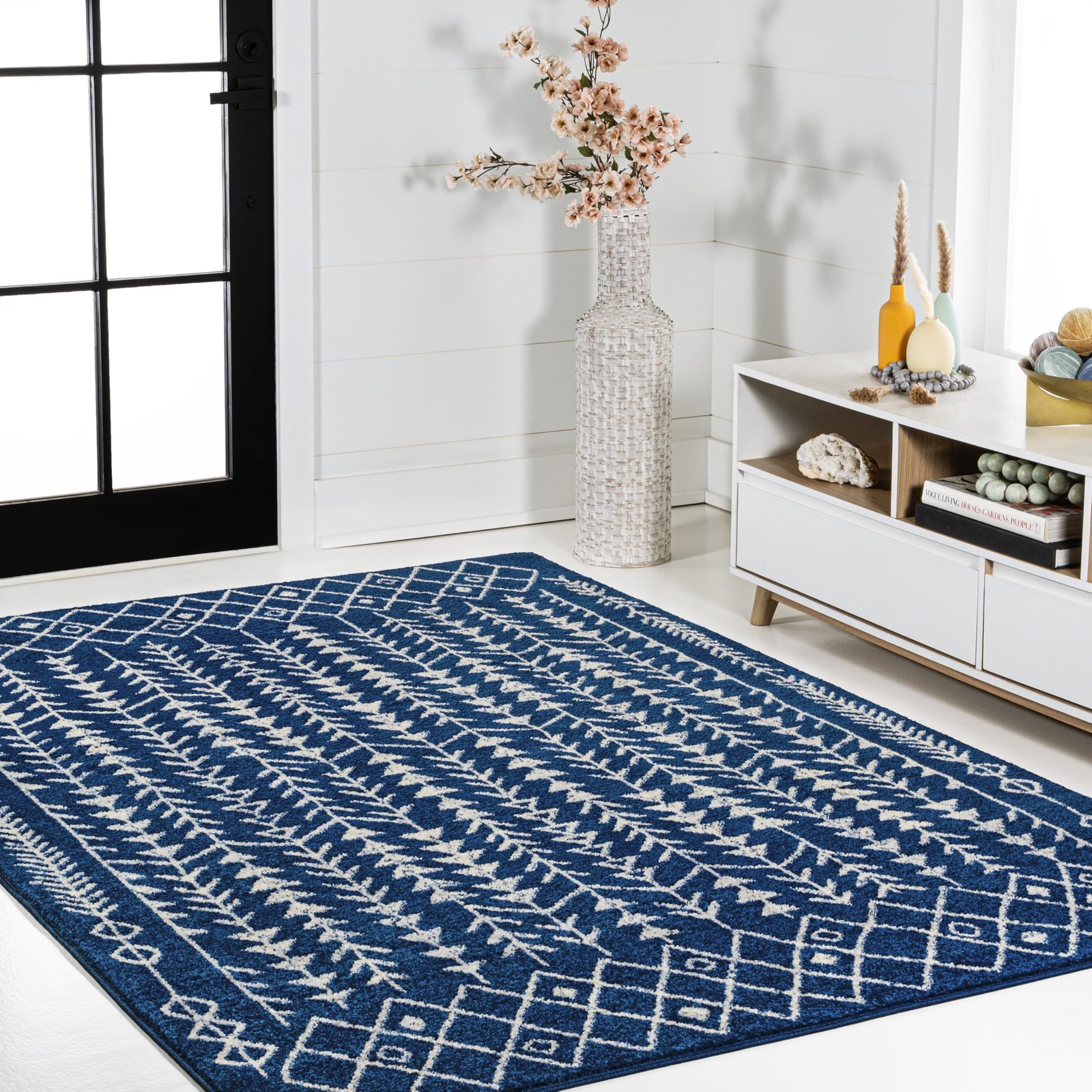 Navy Cream Tribal Area Rug 7 x 9 Modern Synthetic Fiber Low Pile 0.39 Inch