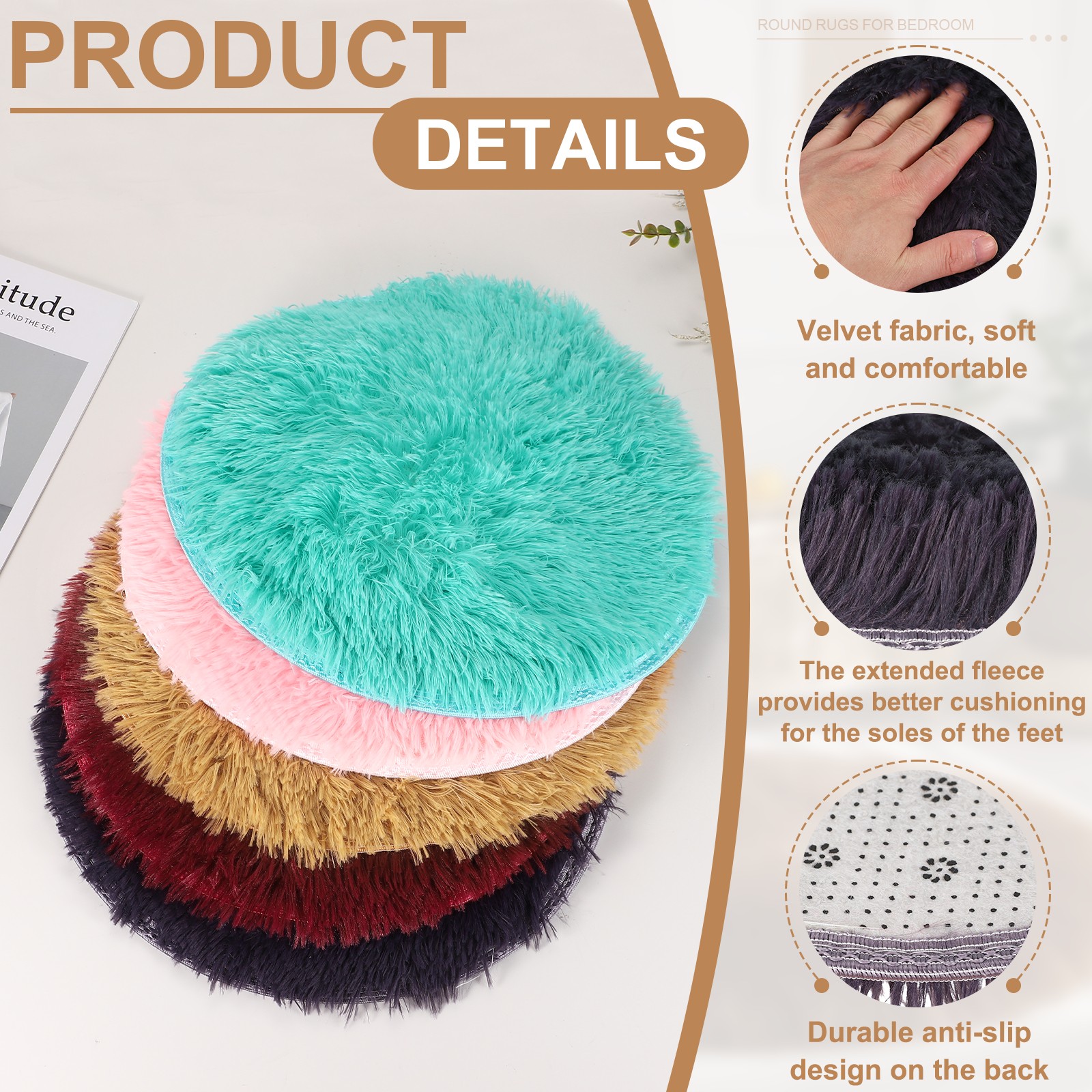 Round Rugs for Bedroom, 1.2 ft Circle Area Rug, Round Fluffy Carpet, Gray Purple