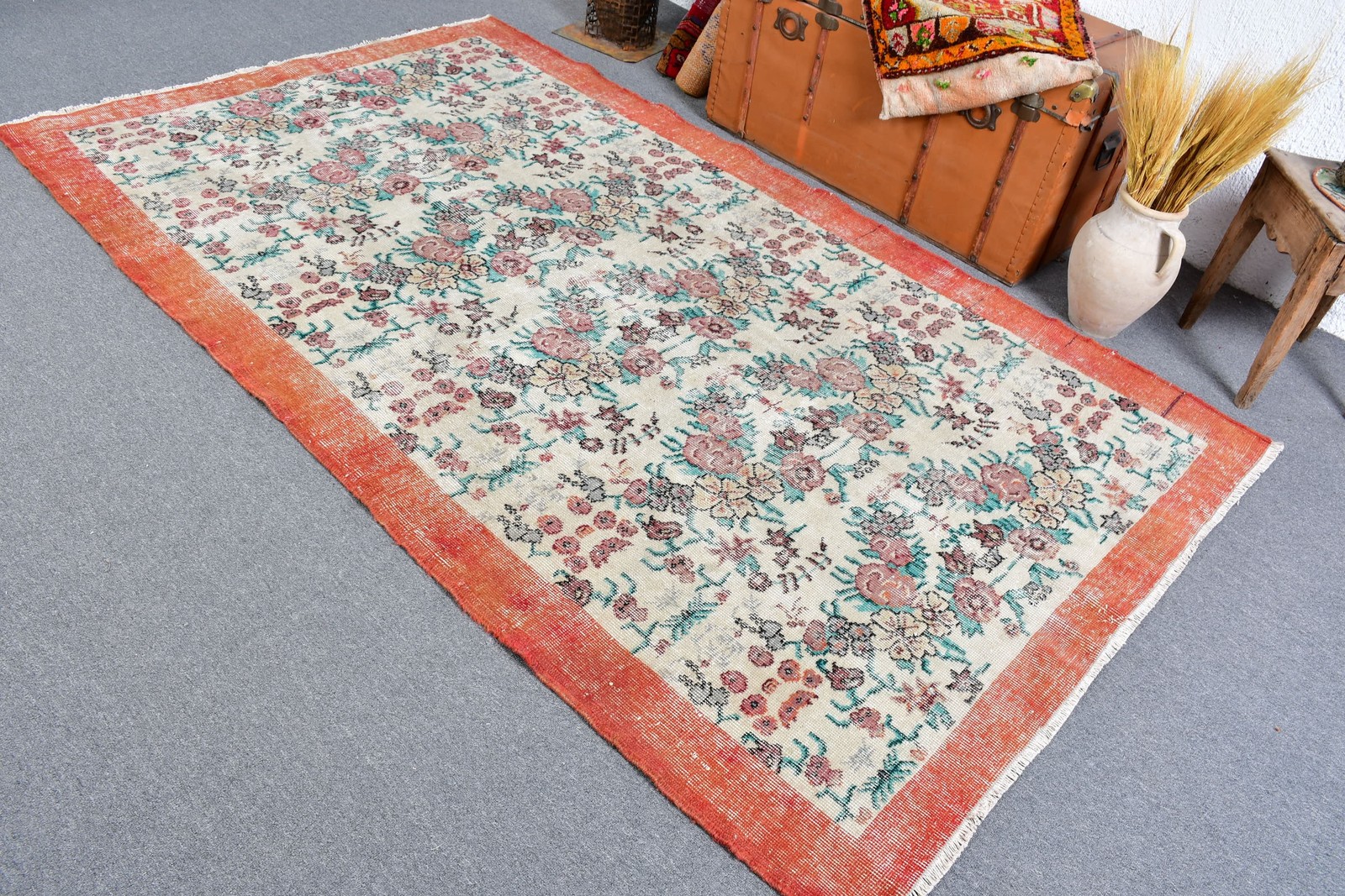 4,8×8 ft Rug, Vintage Turkish Rug, Red Pink Handmade Wool Rug
