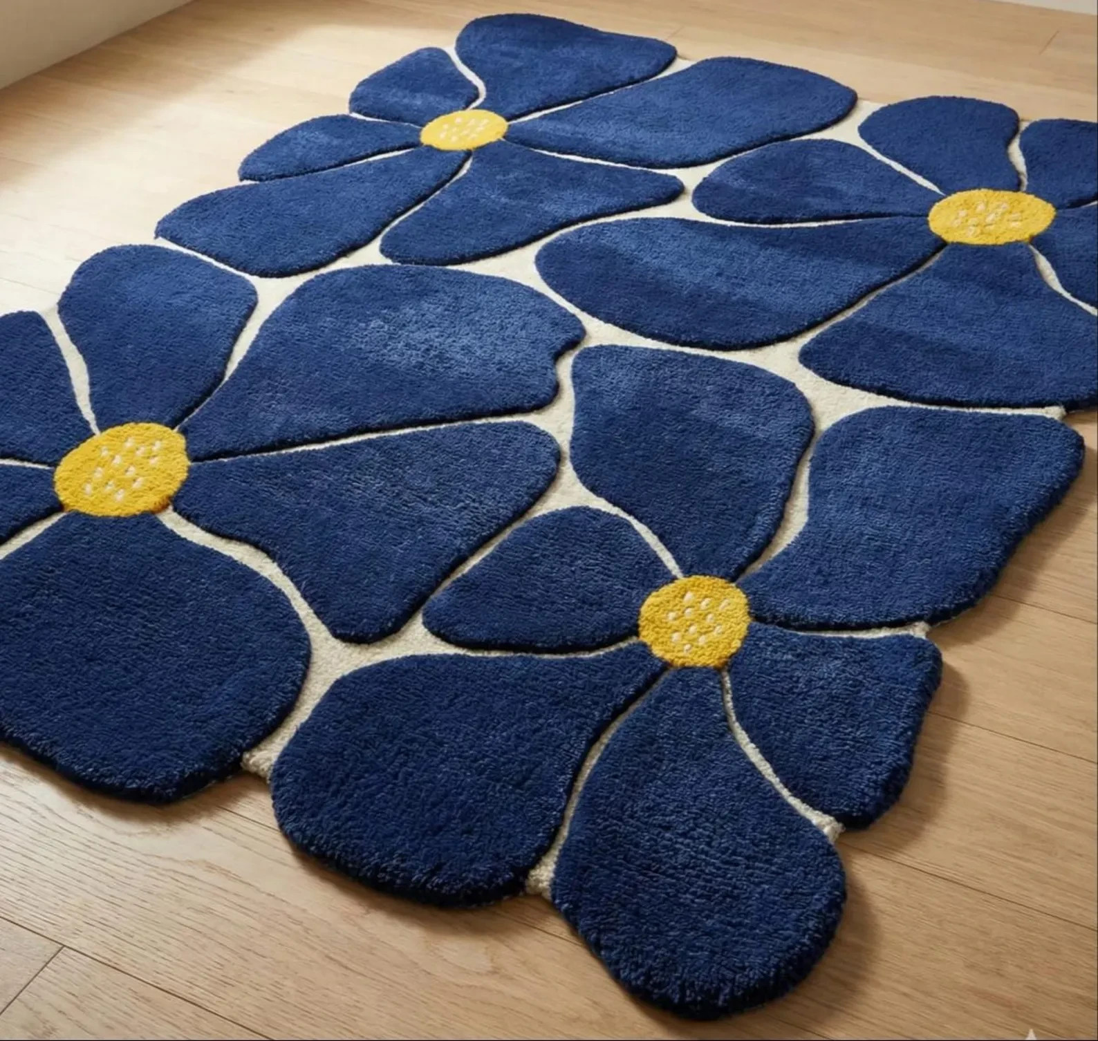 Hand Tufted Wool Rug: Blue Geometric, Modern Design Flora Blossom Shaped Rug 6×9