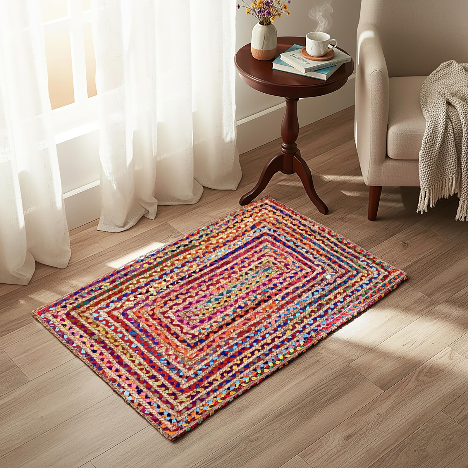 Jute Chindi Braided Rug Boho 24×36 Inch Natural Multi Farmhouse Burlap Small …