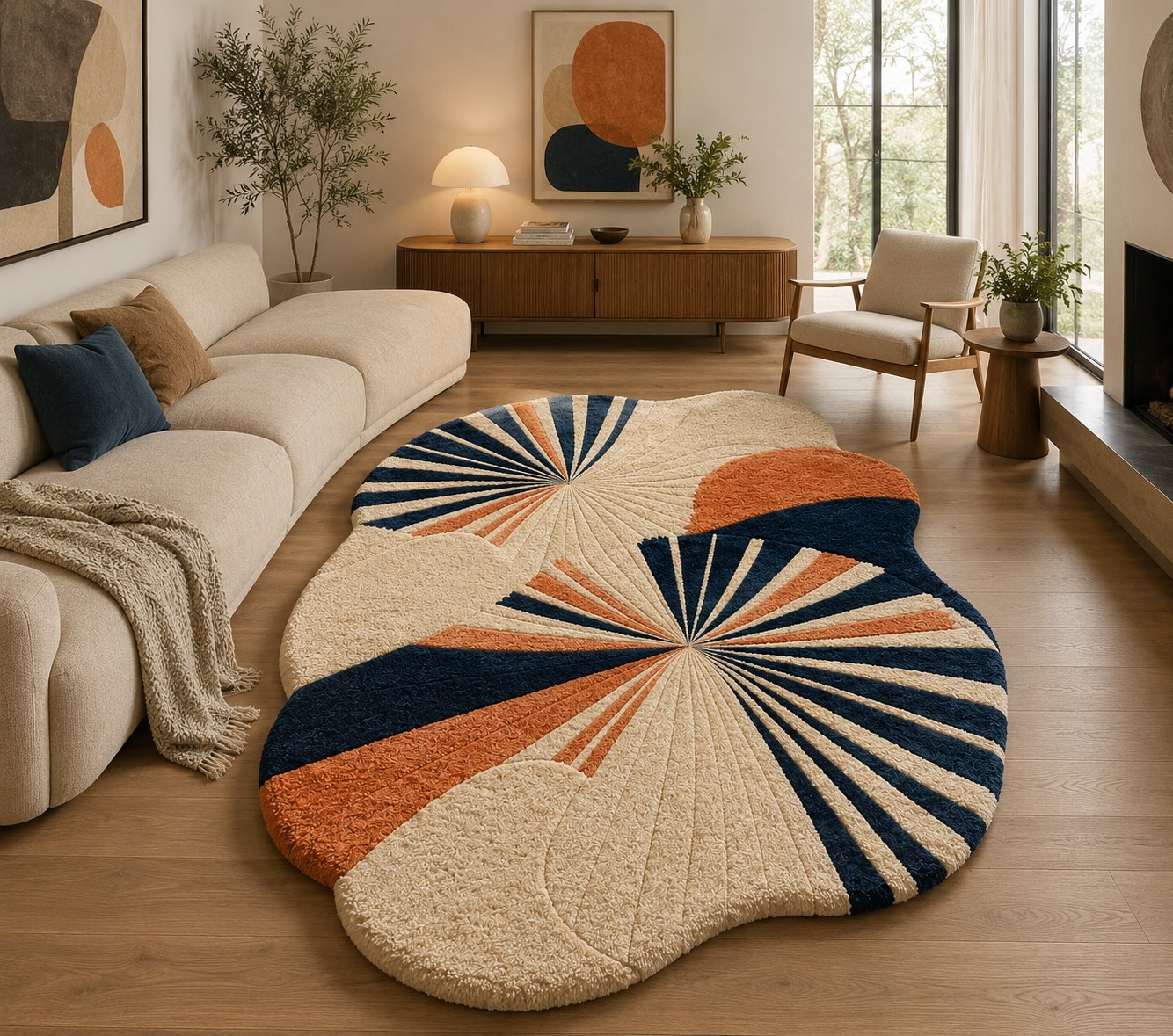 Modern Sunburst Wave Hand Tufted Wool Area Rug Irregular 7×10 Living Room Carpet