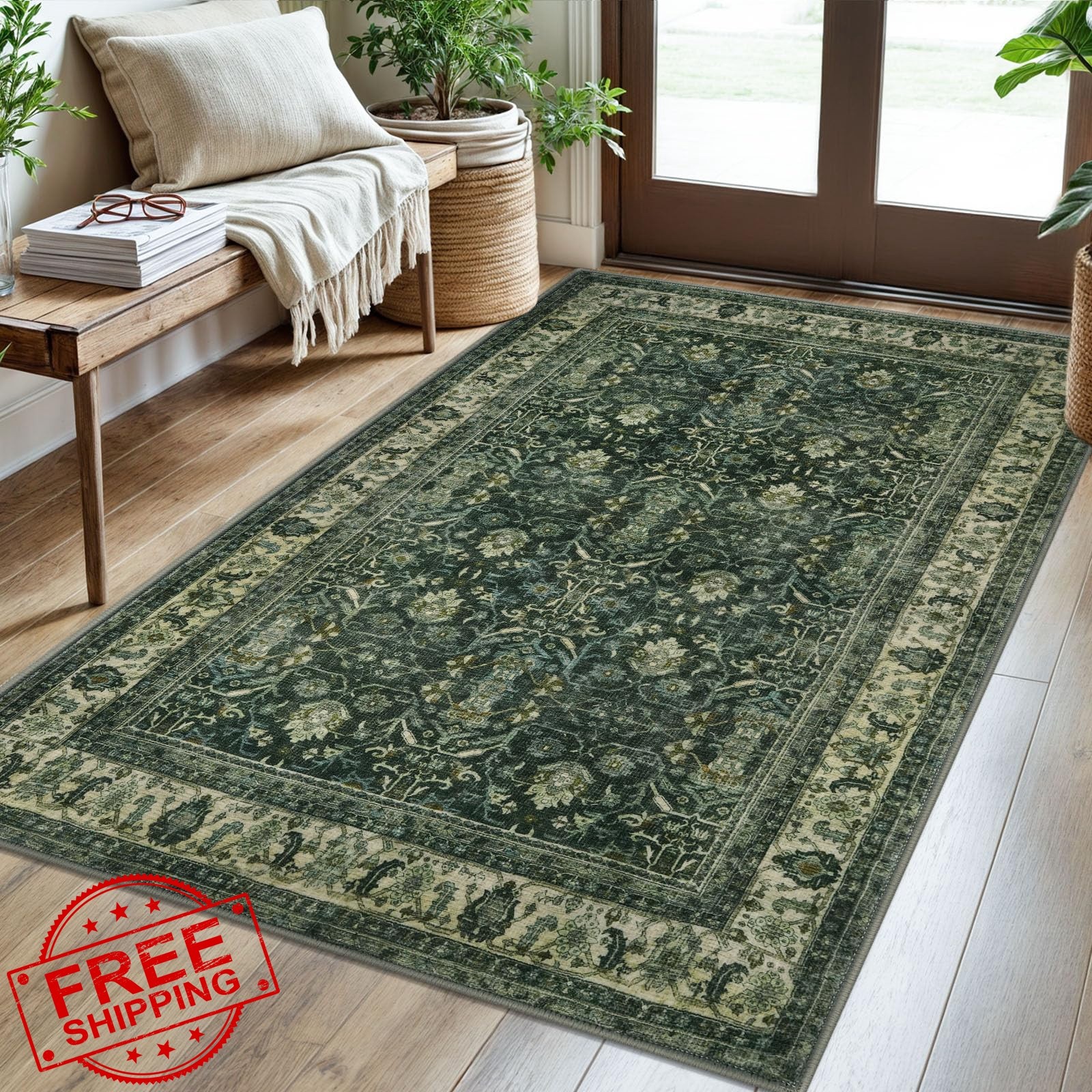 SIILOOM Dark Green Rug 3×5 Rectangular Washable Tribal Floral