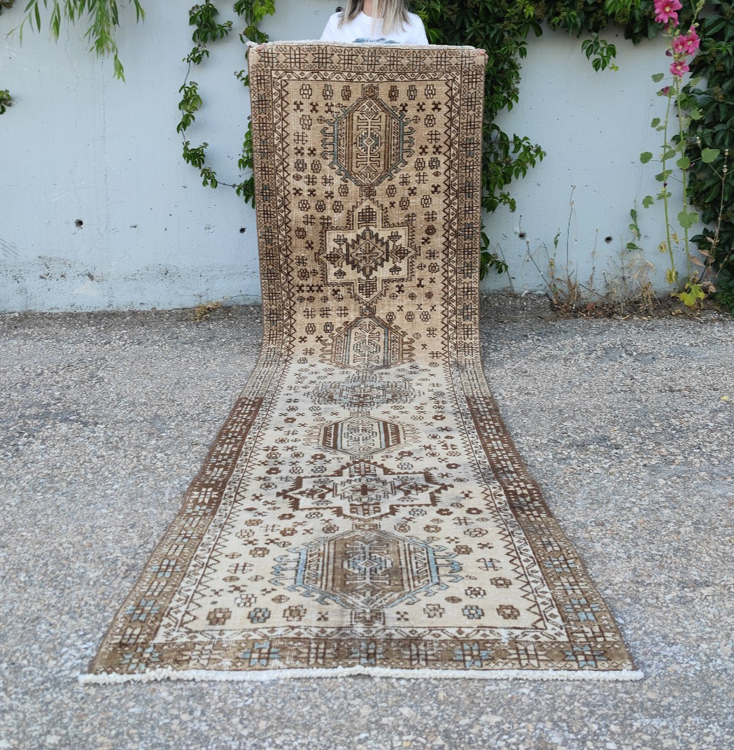 3×10 Neutral Runner, Vintage Style Rustic Rug, Heriz Runner, Handmade Wool Rug