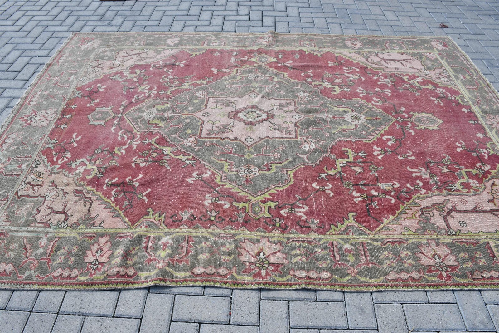 Turkish Vintage Large Rug 7,1×9,4 ft, Red Gray Check Wool Rug