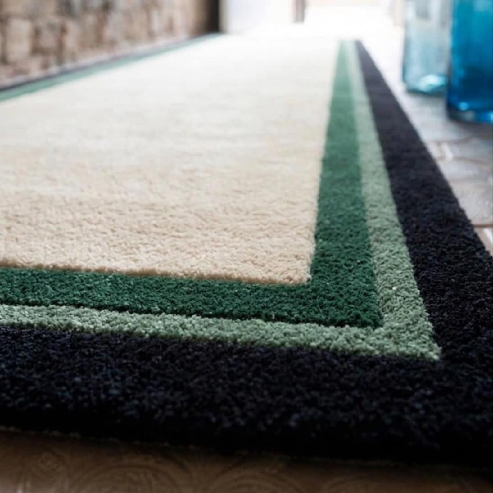 Green Black and Beige Border Rug, Minimalist Stair Runner Hand Tufted Area Rug