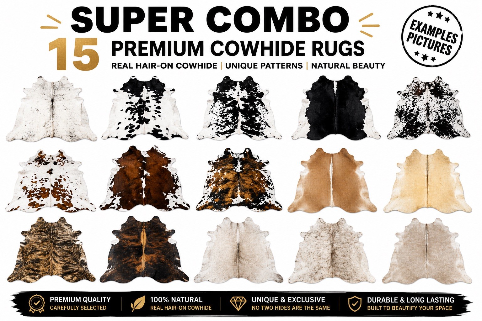 Cowhide Rug Combo Set: 15 pcs, 6×6 Leather