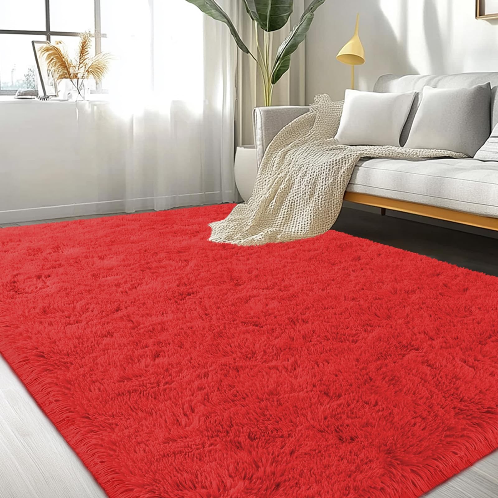 Lairep Large Area Rugs for Living Room Bedroom, 5×7 Feet Red Fluffy Shag Rugs, U