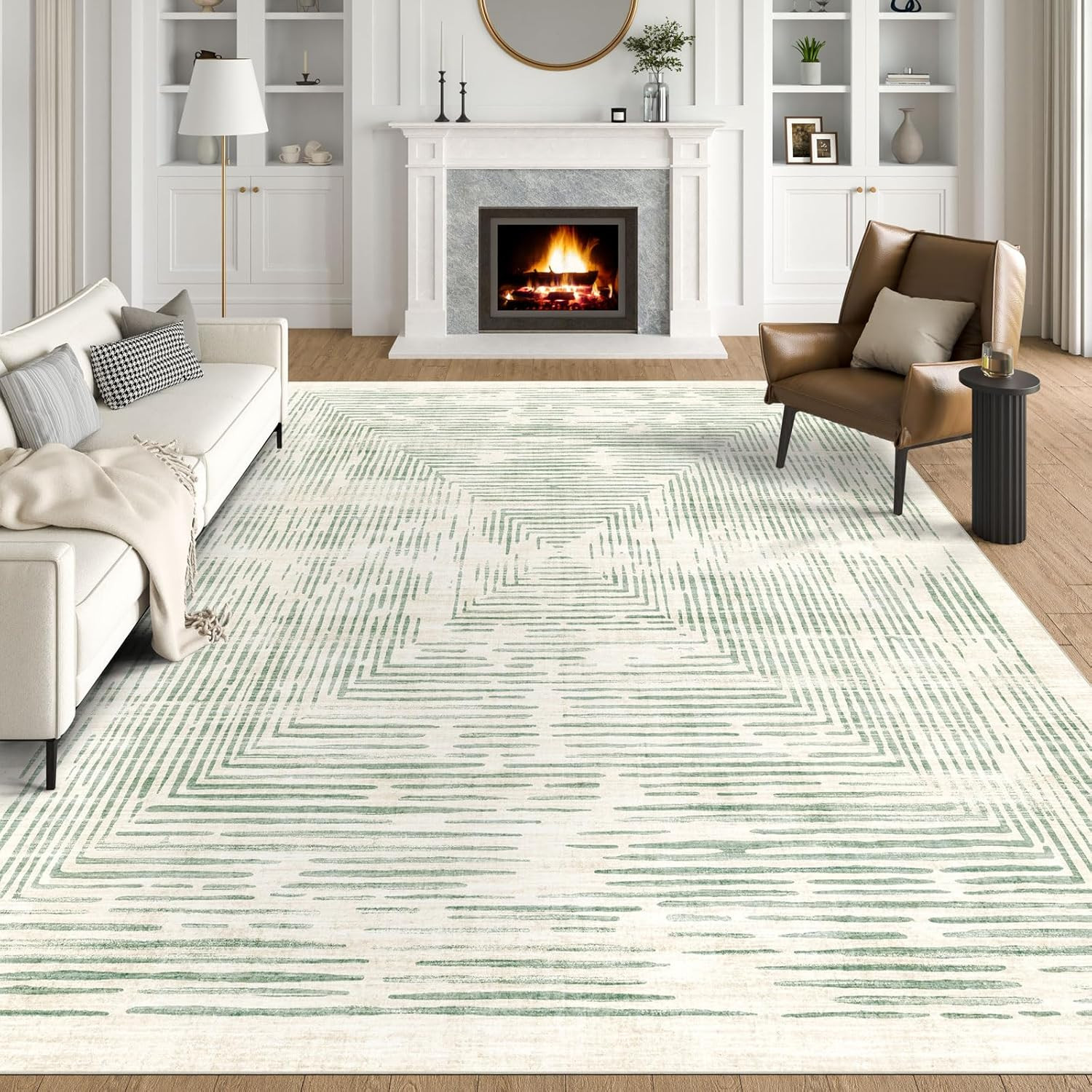 BLISSA 8X10 Area Rugs for Living Room – Soft Large Washable Geometric Sage Green