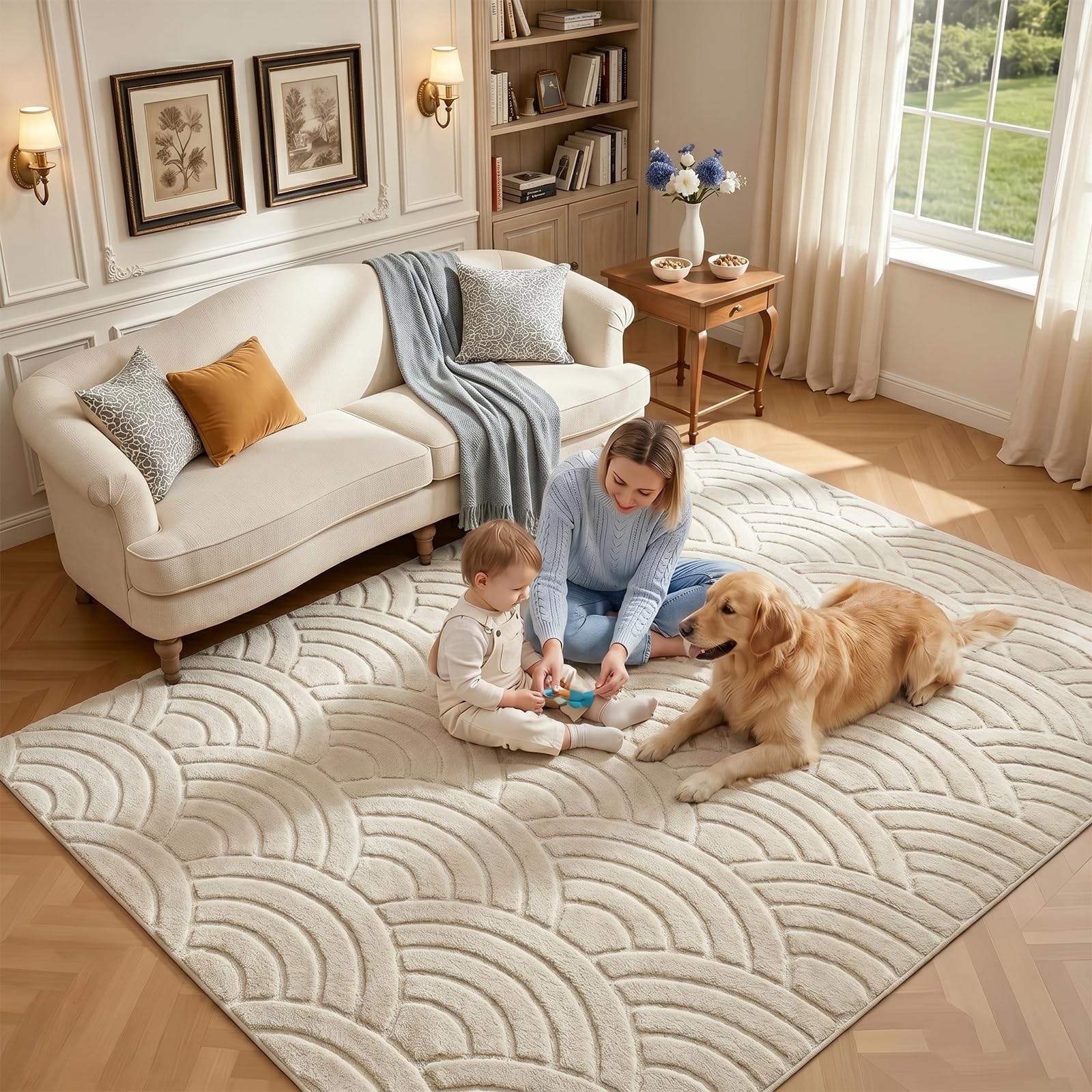 Soft Cozy Fluffy Arch Waves Pattern High-Low Textured Area Rug 5’x7′ Non Slip…