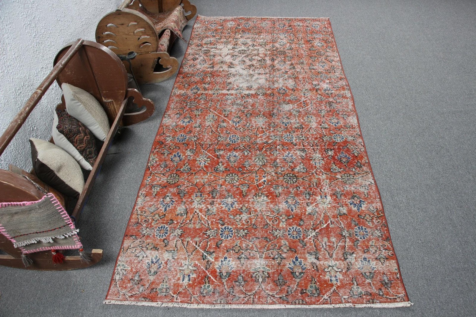 3,7×8,5 ft Turkish Rug, Vintage Area Rug, Red Blue Camouflage Wool Rug